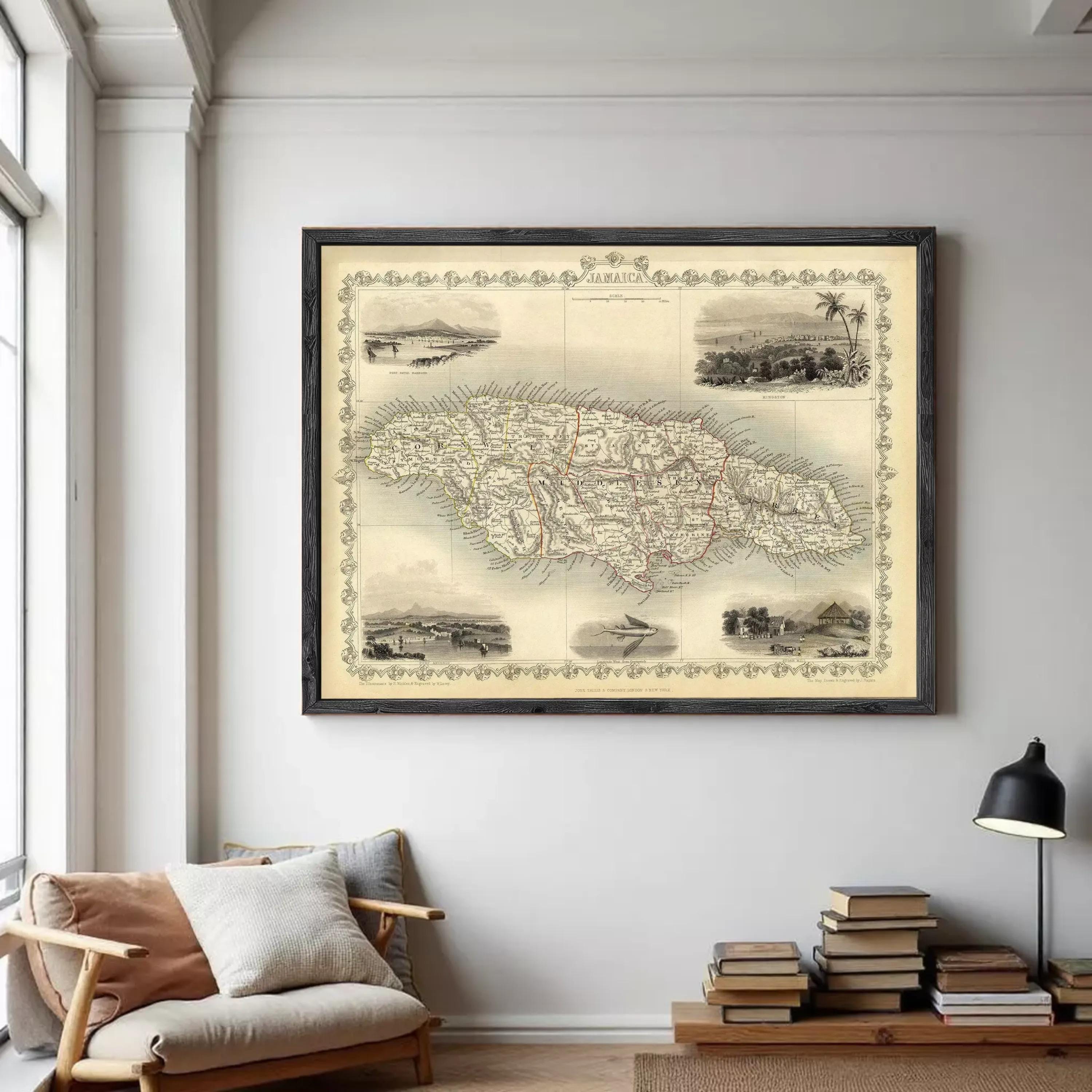 The image is a framed vintage map of Jamaica, featuring various landmarks and geographical details.