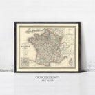 The image is a framed vintage map of France, depicting the country's roads and geographical layout.