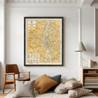 The image is a framed vintage map of Budapest, Hungary, depicting the city's streets, landmarks, and surrounding areas.