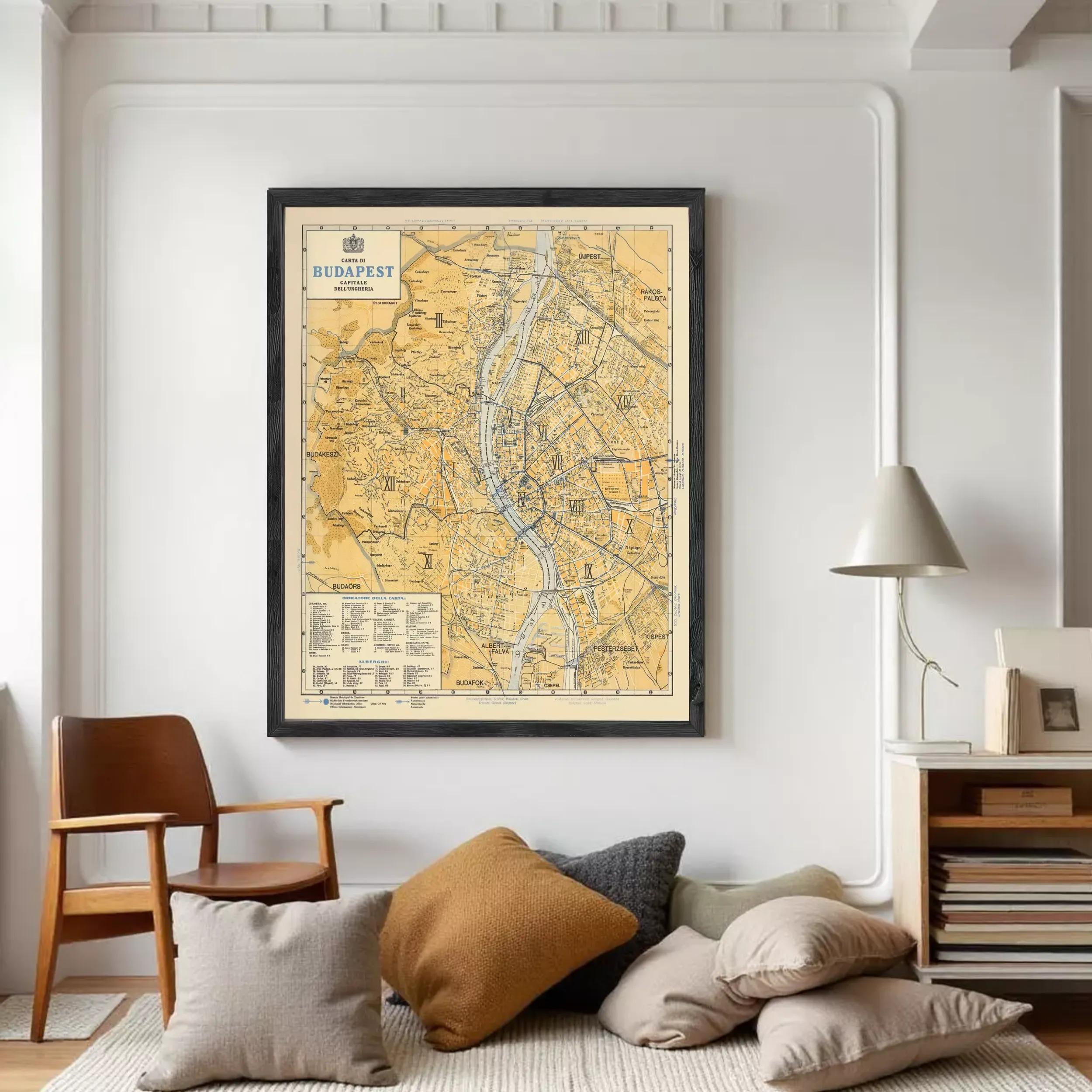 The image is a framed vintage map of Budapest, Hungary, depicting the city's streets, landmarks, and surrounding areas.