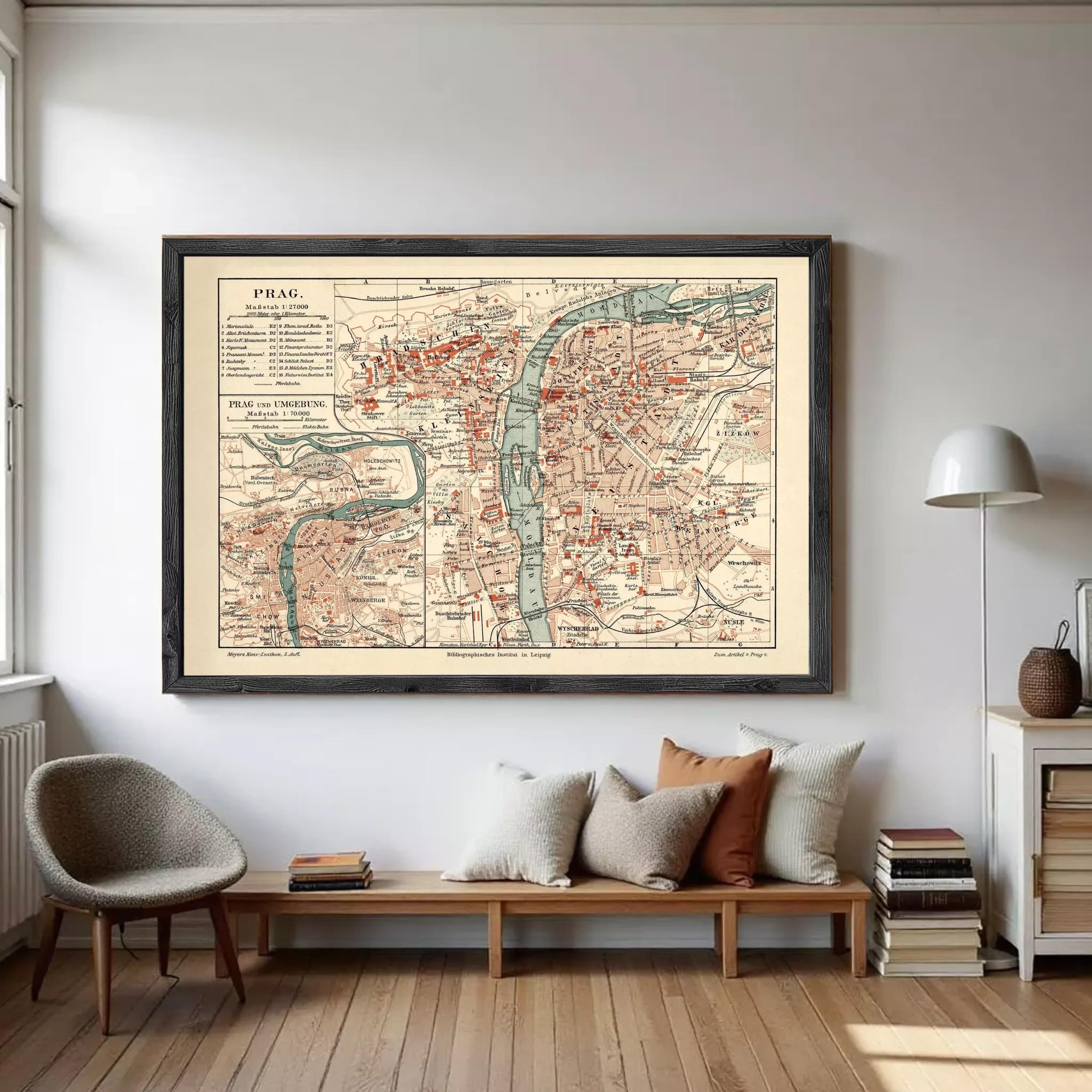 The image is a framed vintage map of Prague, Czech Republic, depicting the city's streets and landmarks.