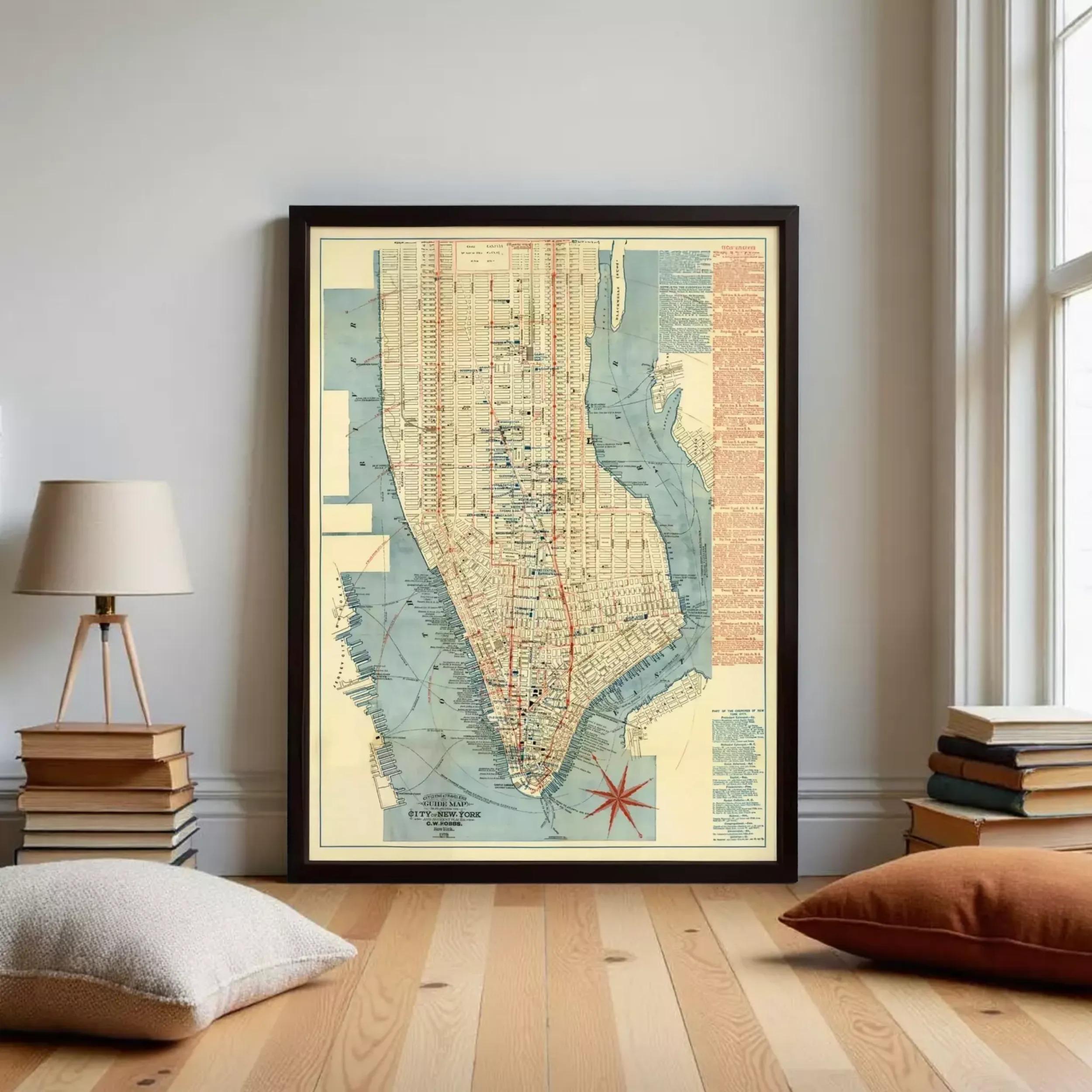 The image is a framed vintage map of New York City, depicting the city's streets and neighborhoods in a detailed and colorful manner.