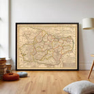 The image is a framed vintage map of a region, likely a country or region, with detailed geographical markings and labels.