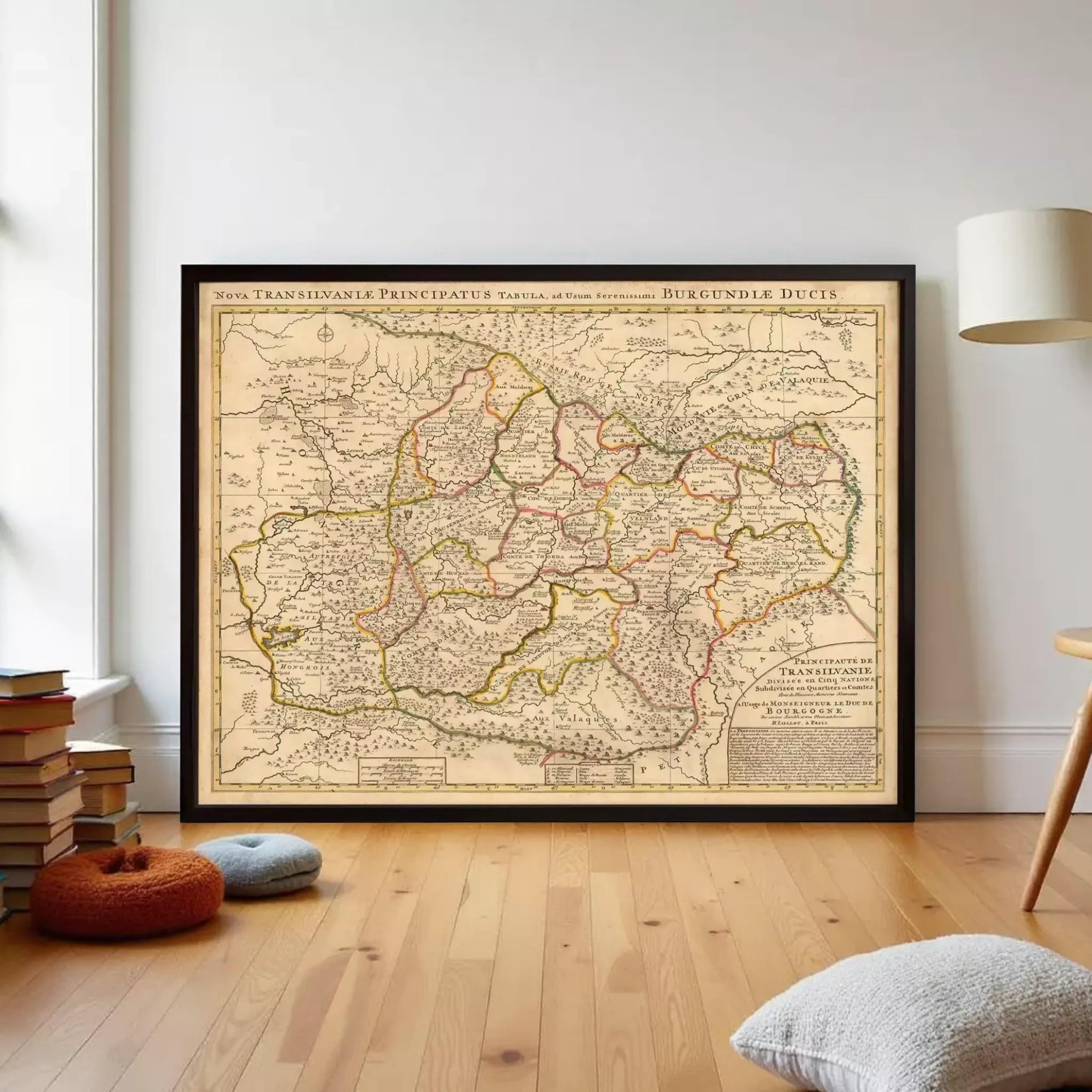The image is a framed vintage map of a region, likely a country or region, with detailed geographical markings and labels.