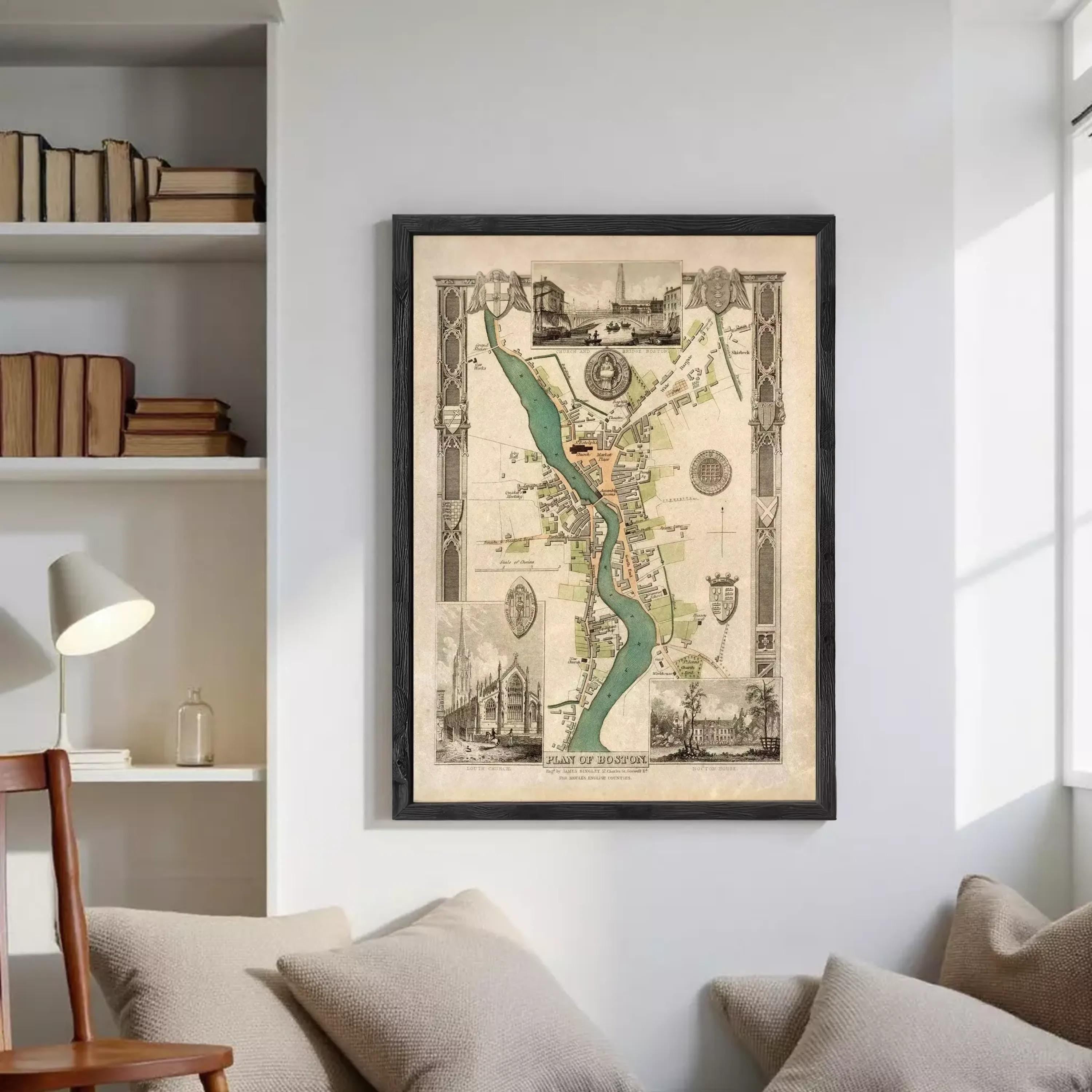 The image is a framed vintage map of a city, depicting various landmarks and streets.