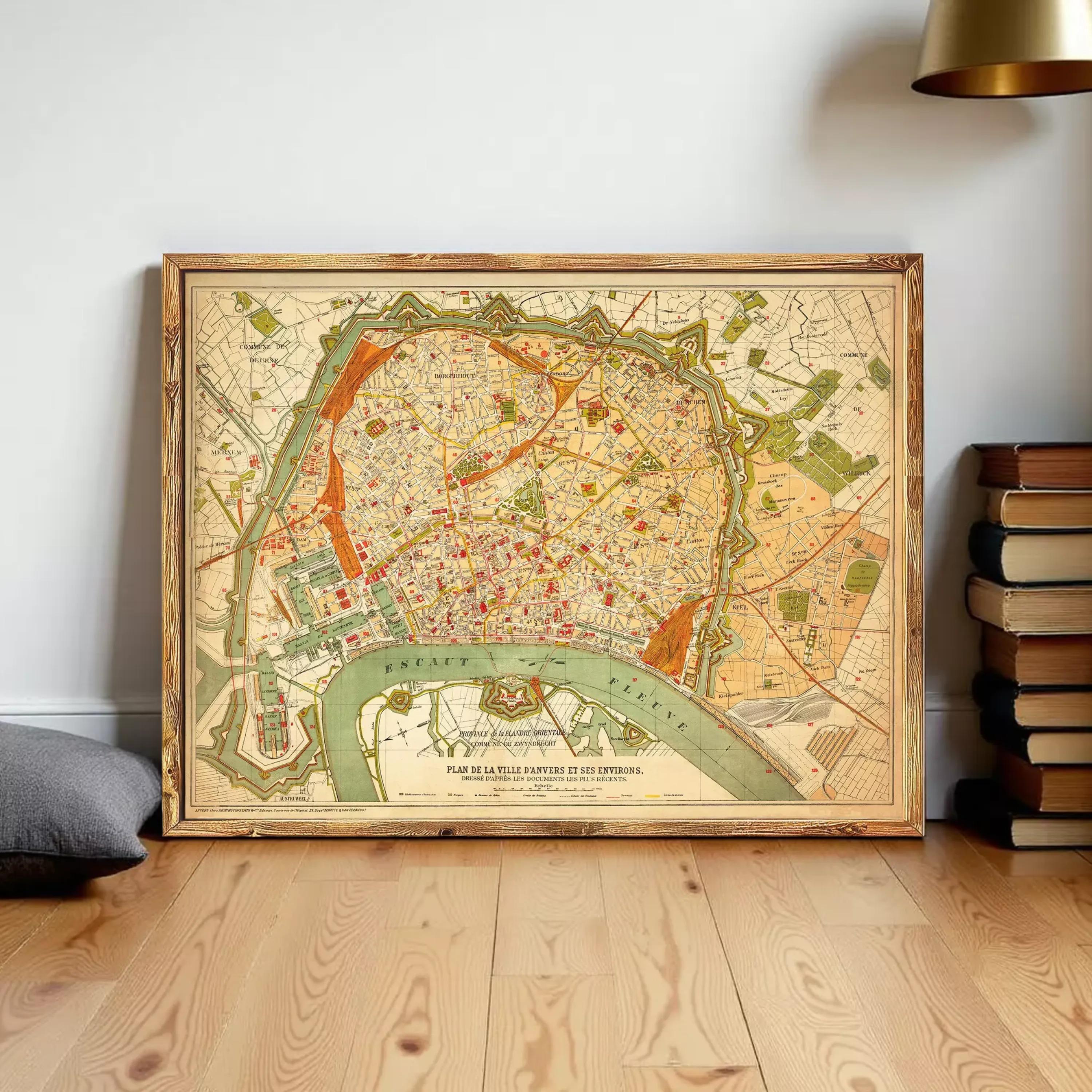 The image is a framed vintage map of Paris, France, depicting the city's layout and surrounding areas.