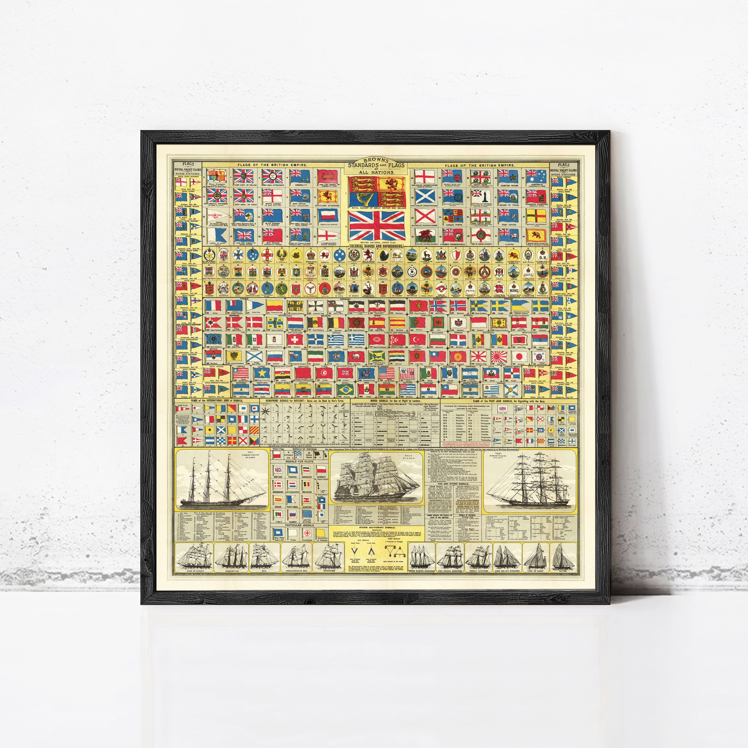 The image is a framed collage of various nautical and maritime-themed illustrations, including flags, ships, and other nautical symbols.