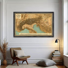 The image is a framed map of the Alps, a mountain range in Europe.