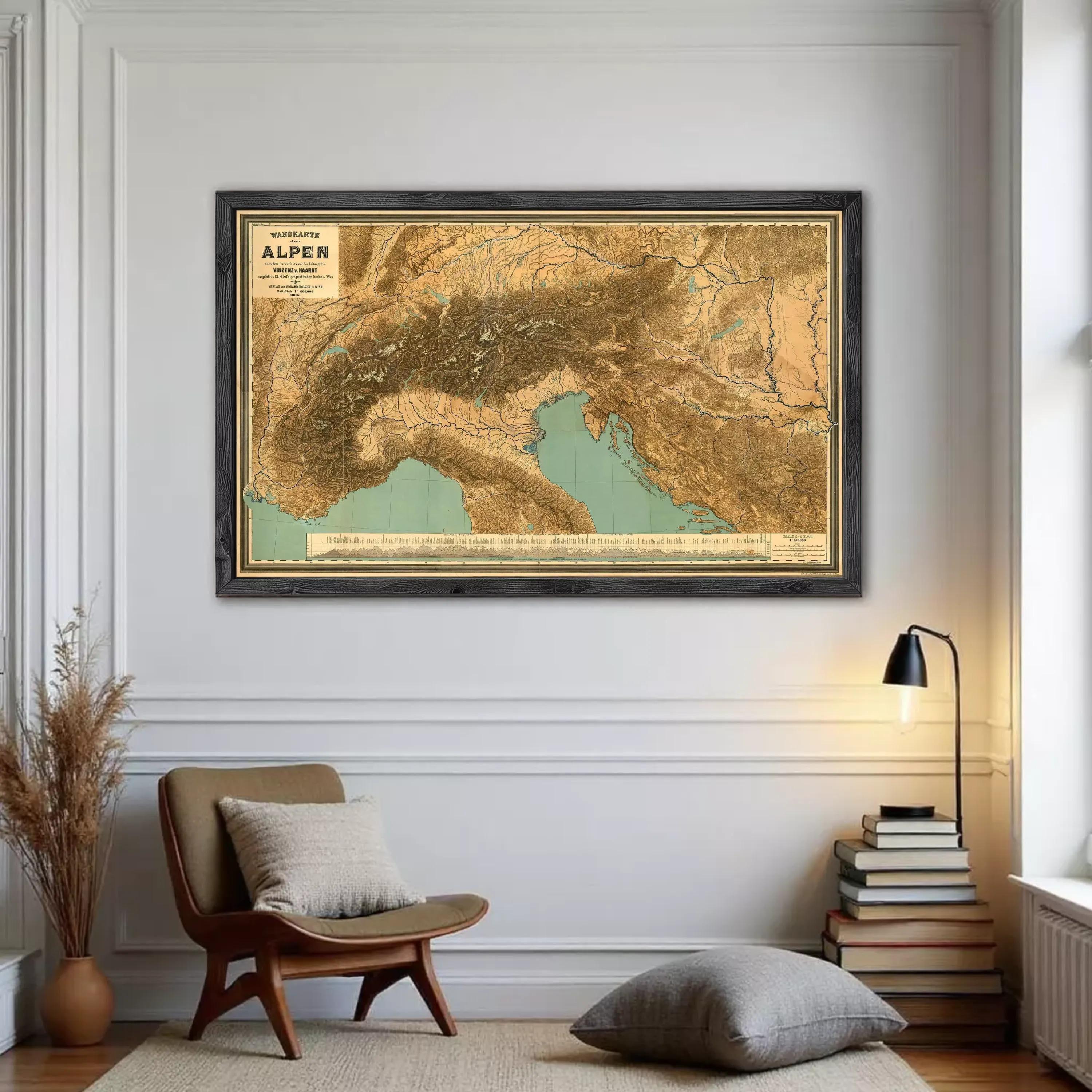 The image is a framed map of the Alps, a mountain range in Europe.