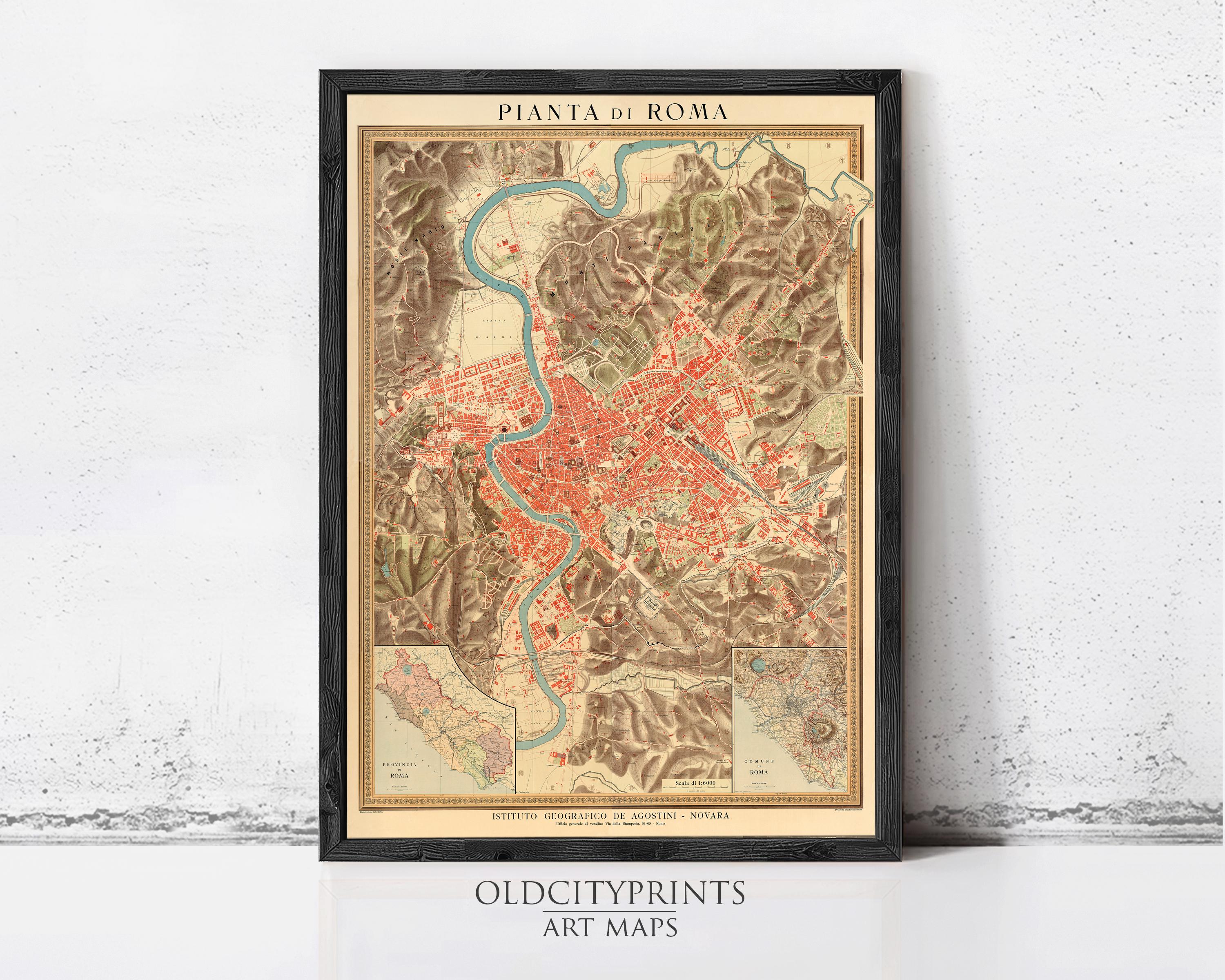 The image is a framed vintage map of Rome, Italy, depicting the city's layout and surrounding areas.