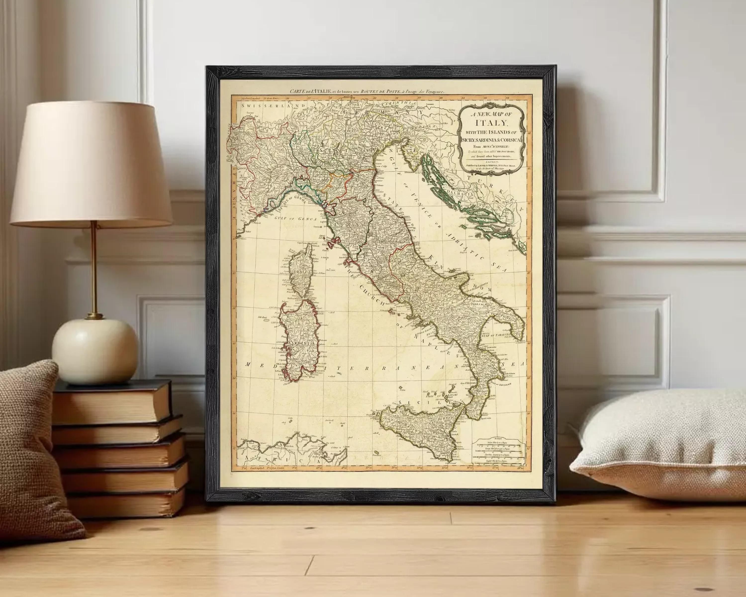 The image is a framed map of Italy, showing the country's geographical layout and surrounding areas.