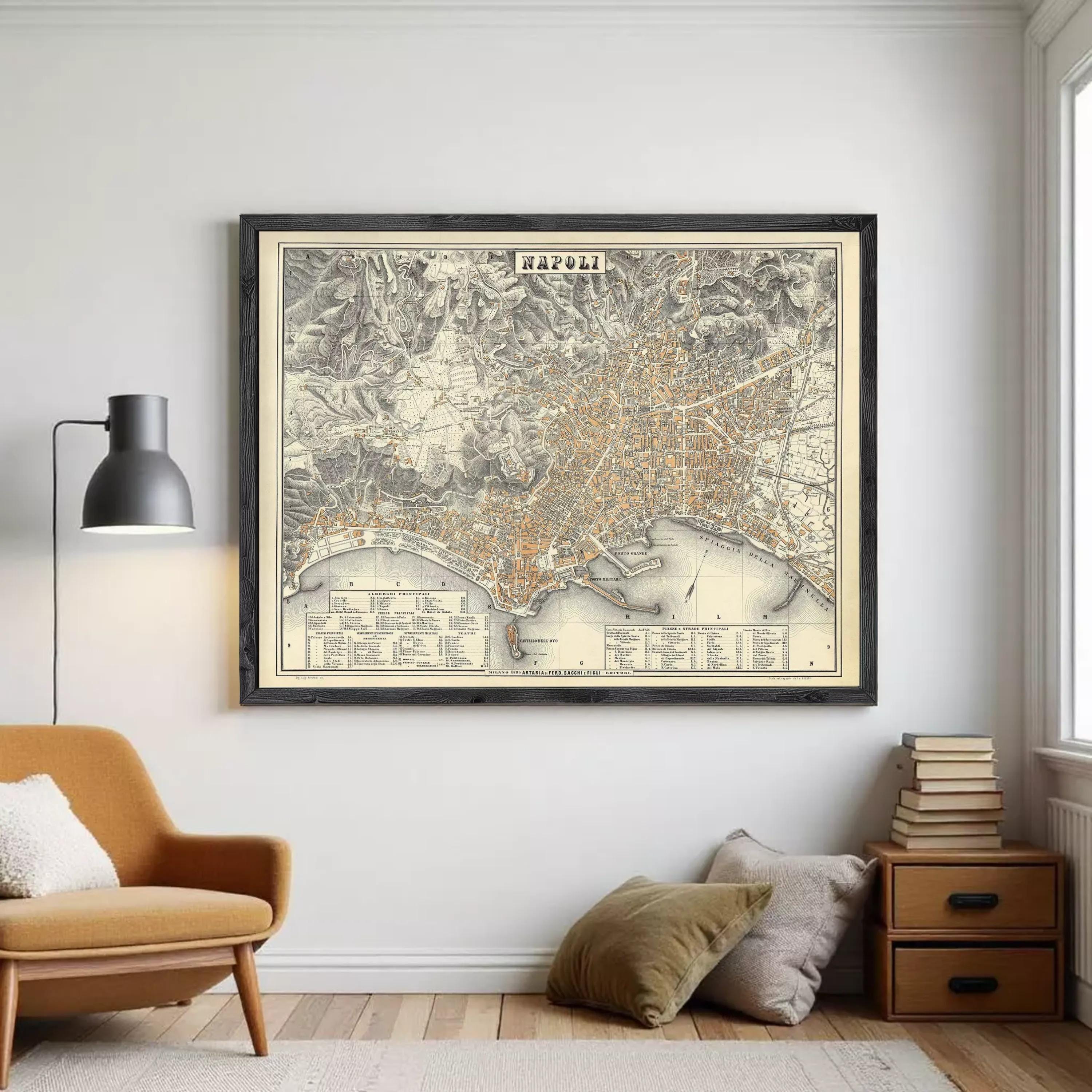 The image is a framed vintage map of the city of Naples, Italy, depicting the city's layout and surrounding areas.