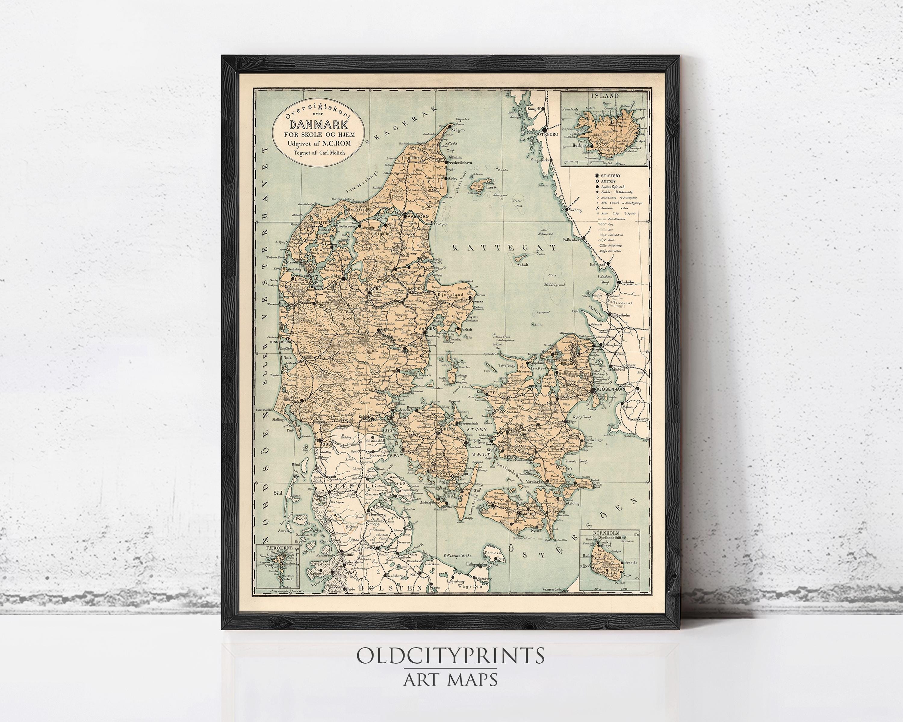 The image is a framed vintage map of Denmark, featuring detailed geographical information and labeled with various locations and landmarks.
