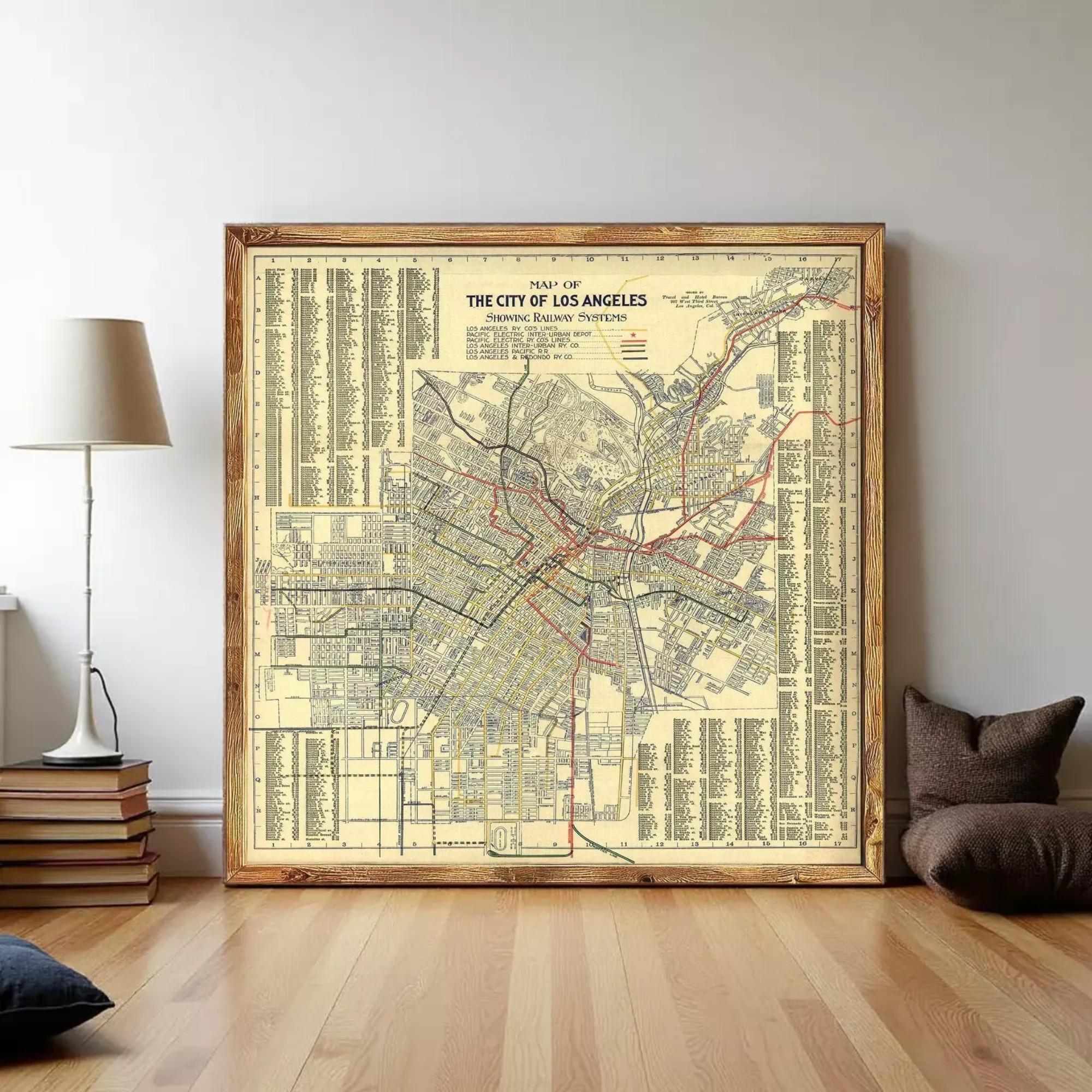 a large framed map of Los Angeles, California, with various streets and landmarks labeled.