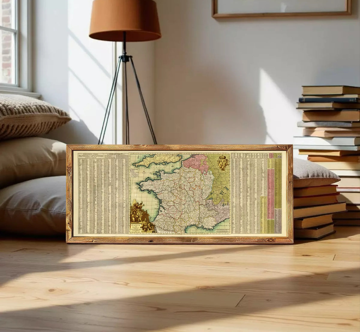 A framed map of Europe is displayed against a white wall.