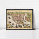 The image is a framed vintage map of a city, depicting a detailed and colorful representation of the city's layout, including waterways, buildings, and ships.