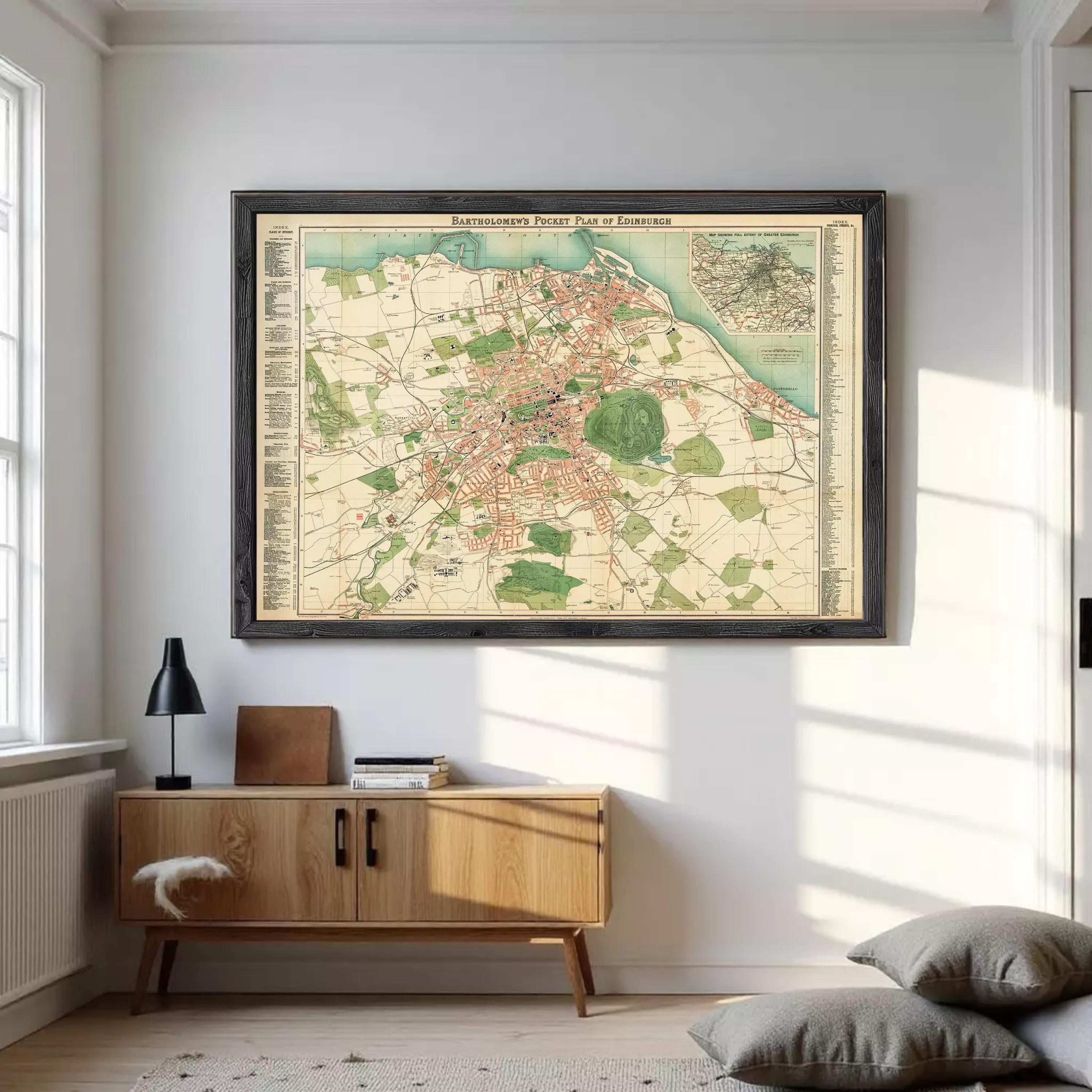 The image is a framed vintage map of Edinburgh, Scotland, depicting the city's layout and surrounding areas.