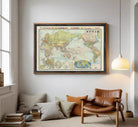 The image is a framed vintage map of the world, depicting various countries and regions with their respective flags.