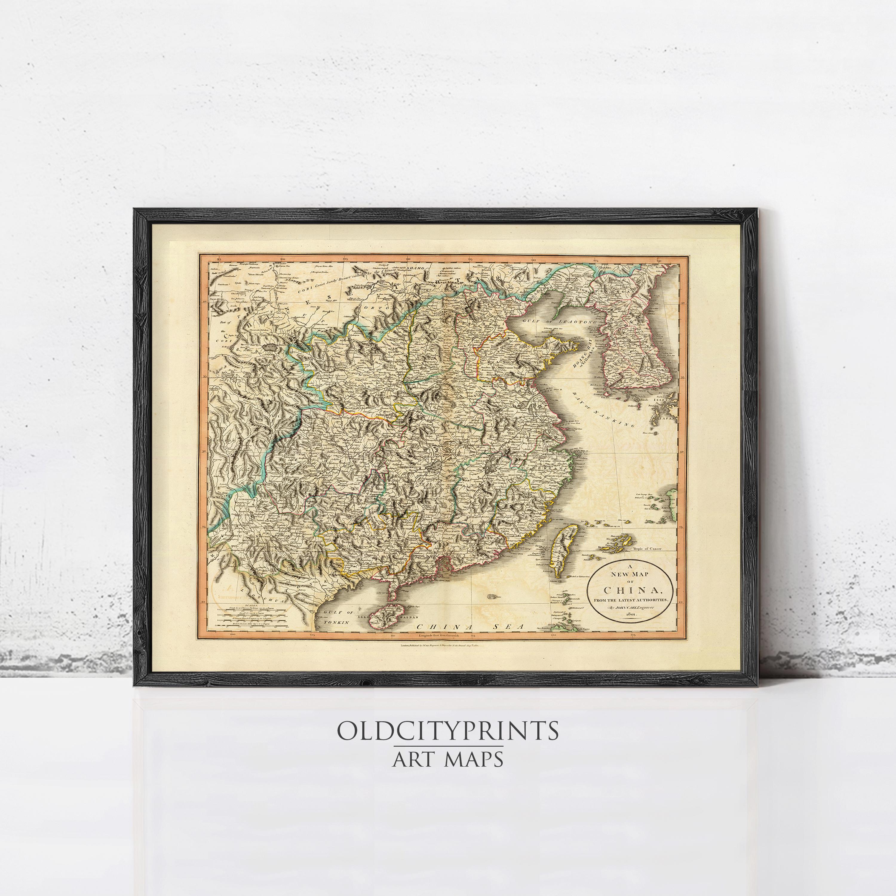 The image is a framed antique map of China, depicting the country's geographical layout and boundaries.