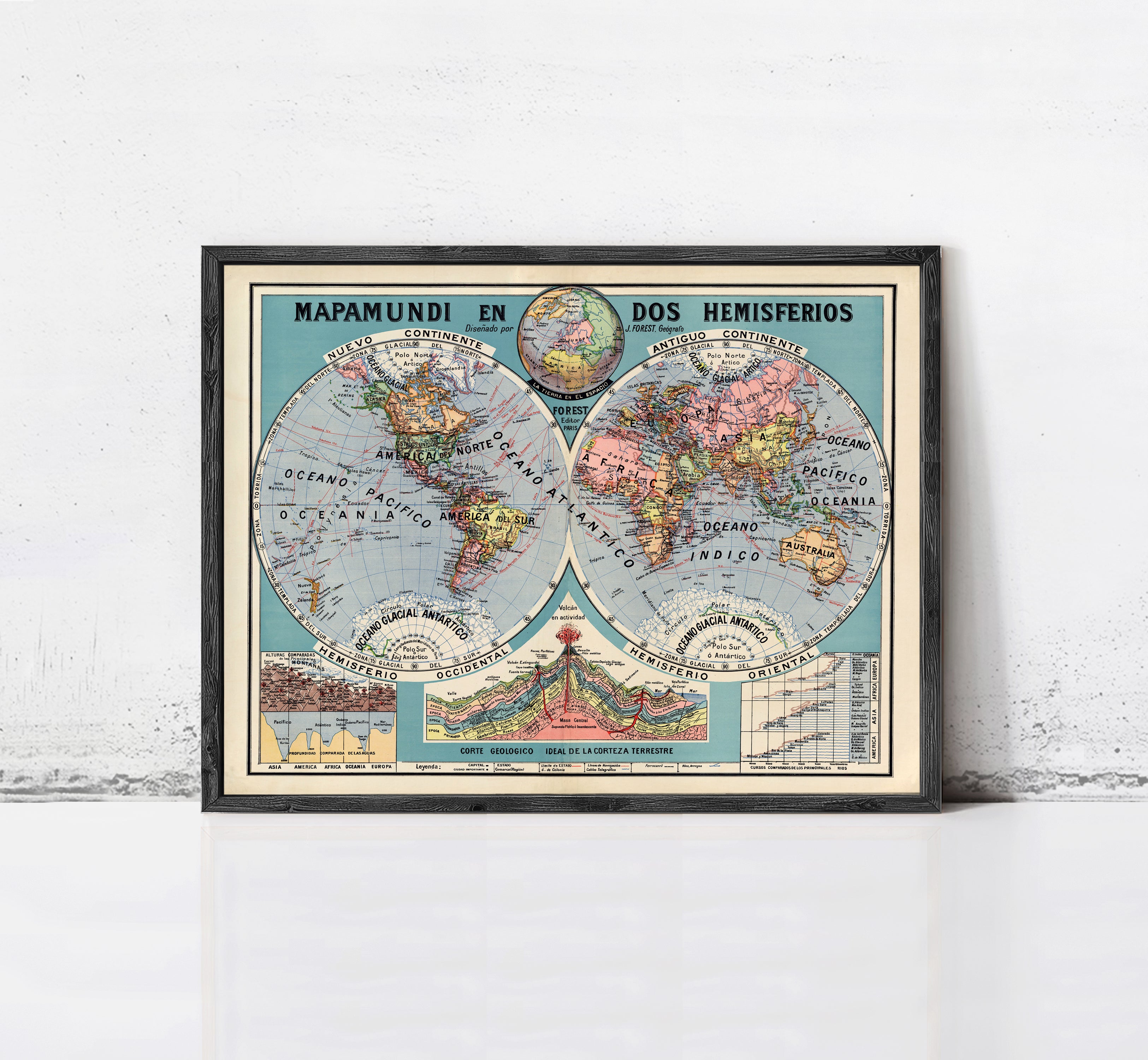 The image is a framed vintage map of the world, depicting hemispheres and continents.