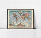 The image is a framed vintage map of the world, depicting hemispheres and continents.