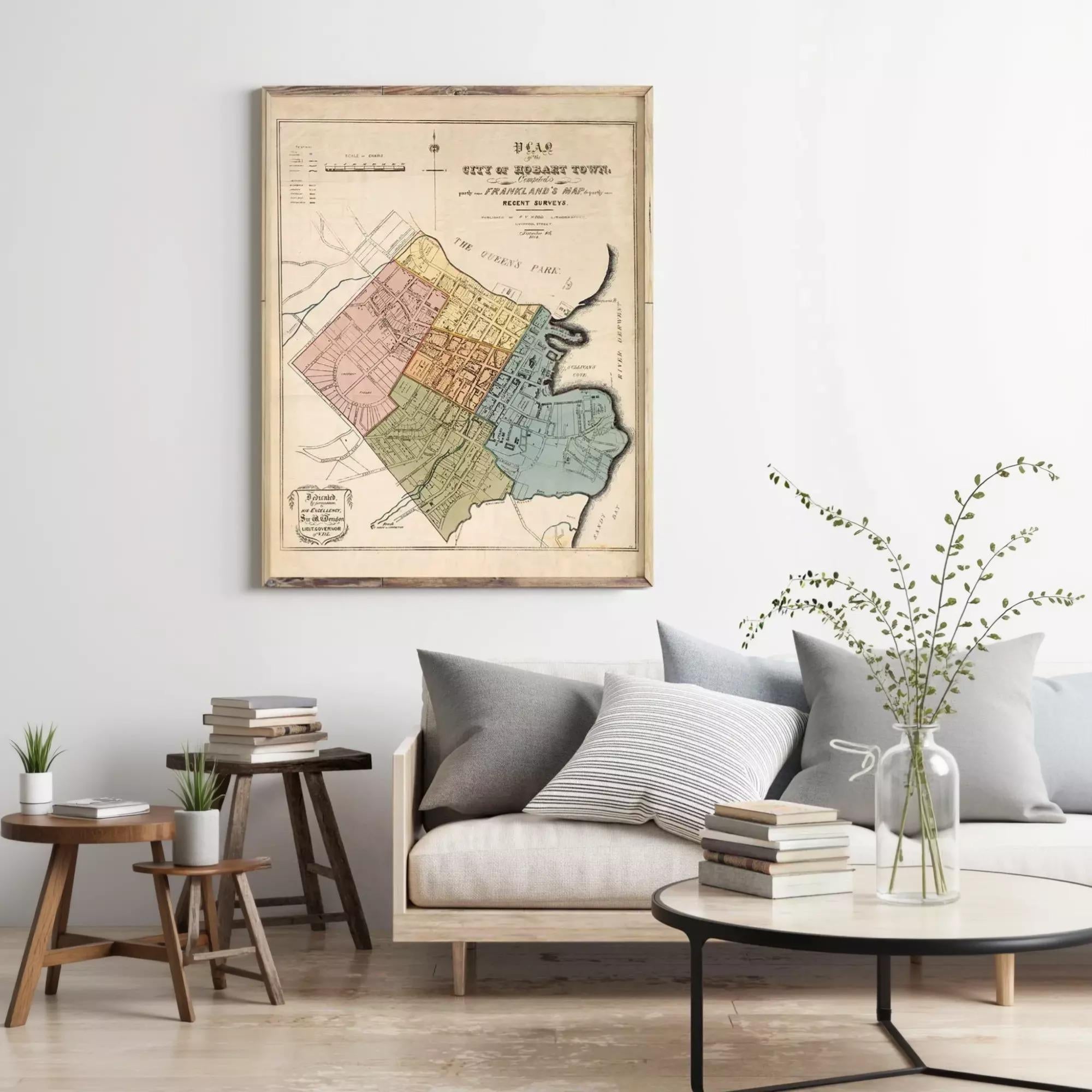 a vintage map of a city, with a cozy living room setting in the background.
