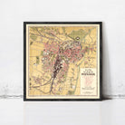 The image is a framed map of the city of Poznan, Poland, depicting the layout and various landmarks within the city.
