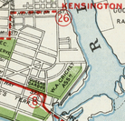 The image is a map of a city, showing streets, landmarks, and a body of water.