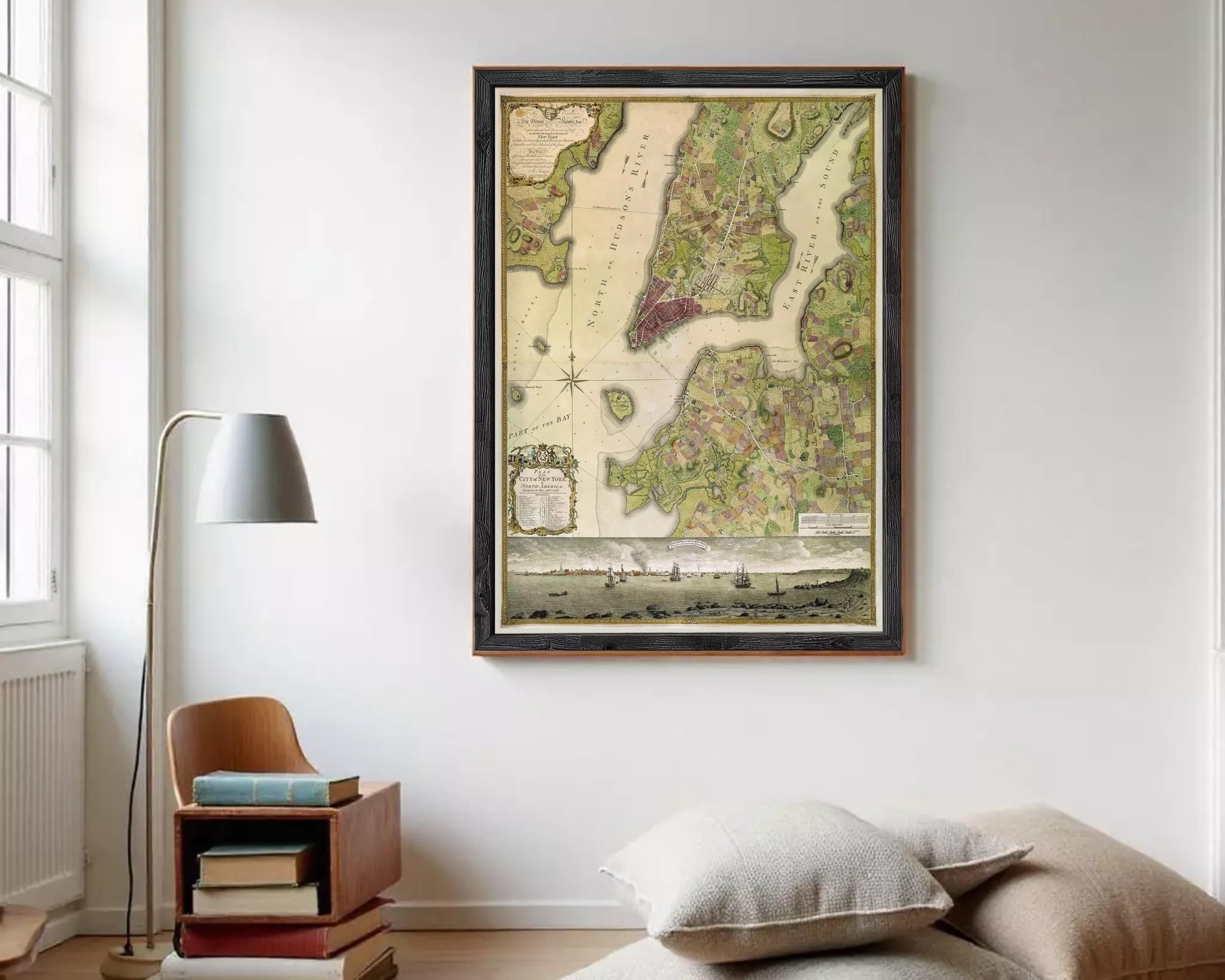 The image is a framed map of the East Coast of the United States, depicting the coastline, major cities, and waterways.