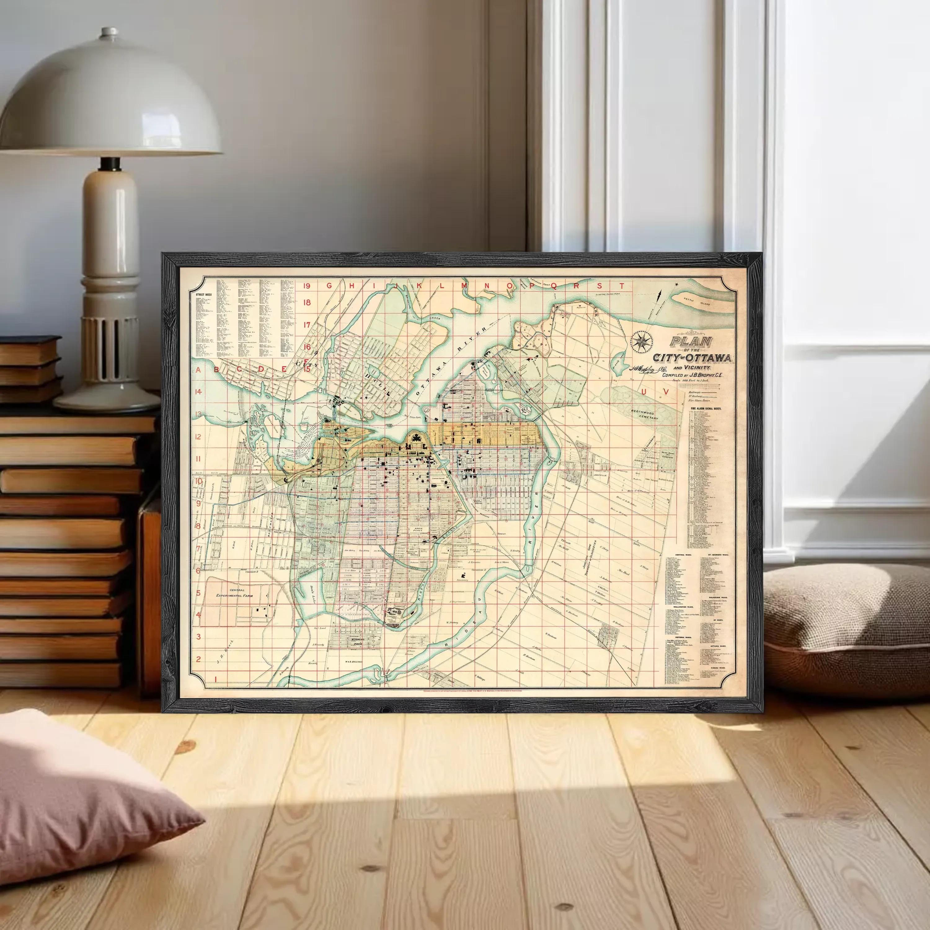 The image is a framed vintage map of a city, likely Ottawa, Canada, with detailed street and area labels.