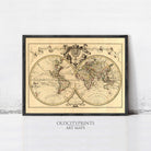 The image is a framed vintage world map with intricate details and decorative elements, such as a coat of arms and a banner.