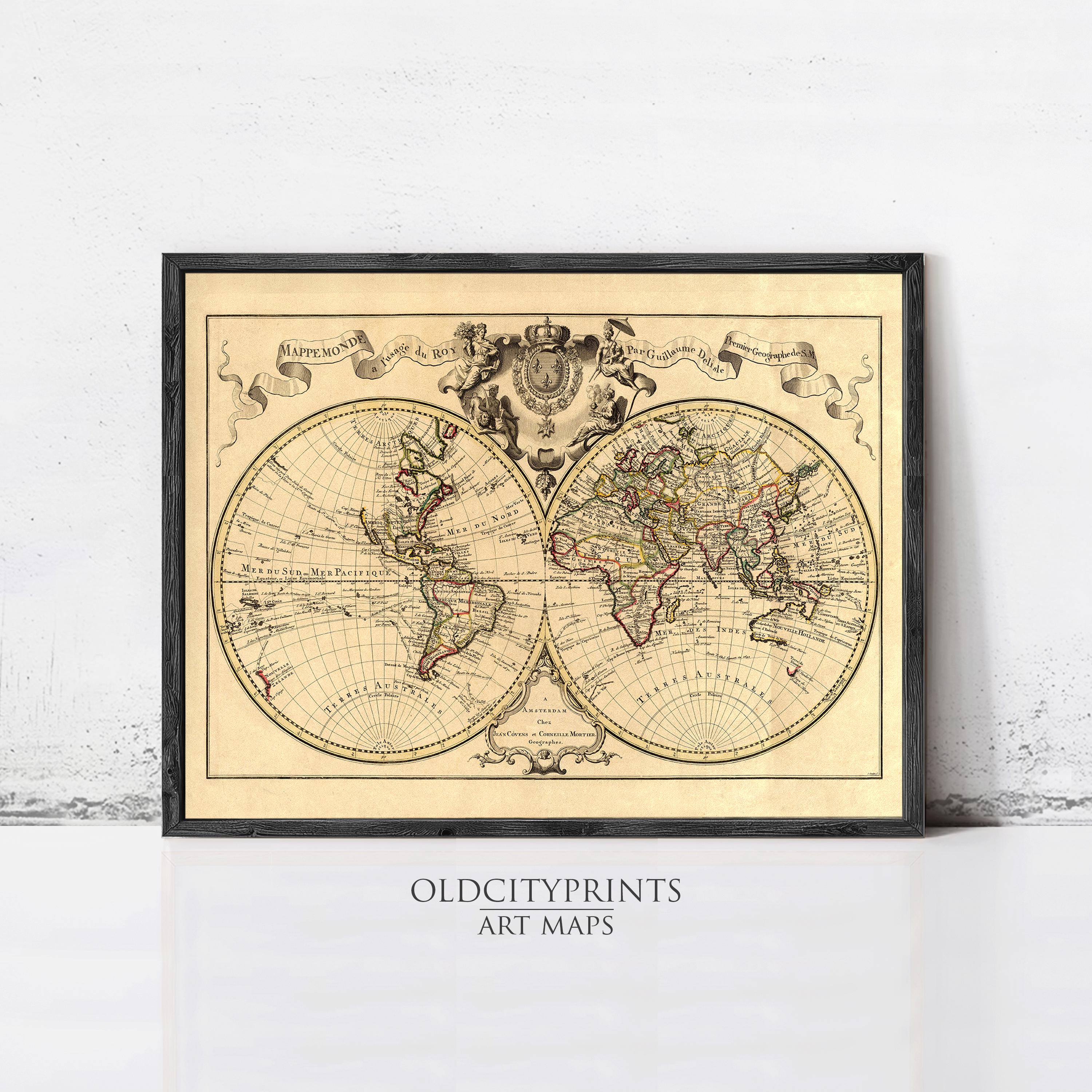The image is a framed vintage world map with intricate details and decorative elements, such as a coat of arms and a banner.