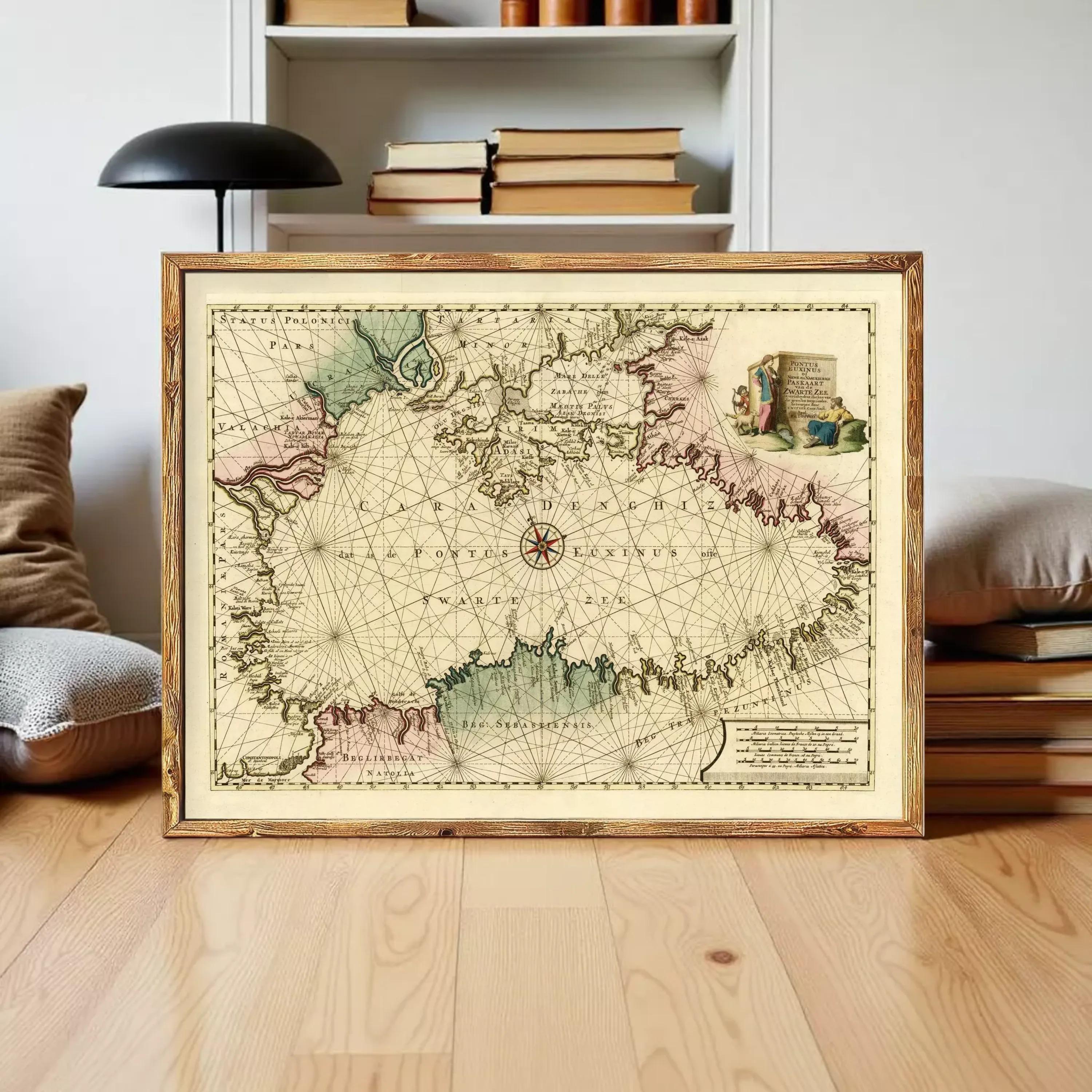 The image is a framed antique map of the world, featuring intricate cartography and geographical details.