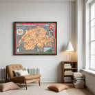 The image is a framed map of Switzerland, featuring various landmarks and locations throughout the country.