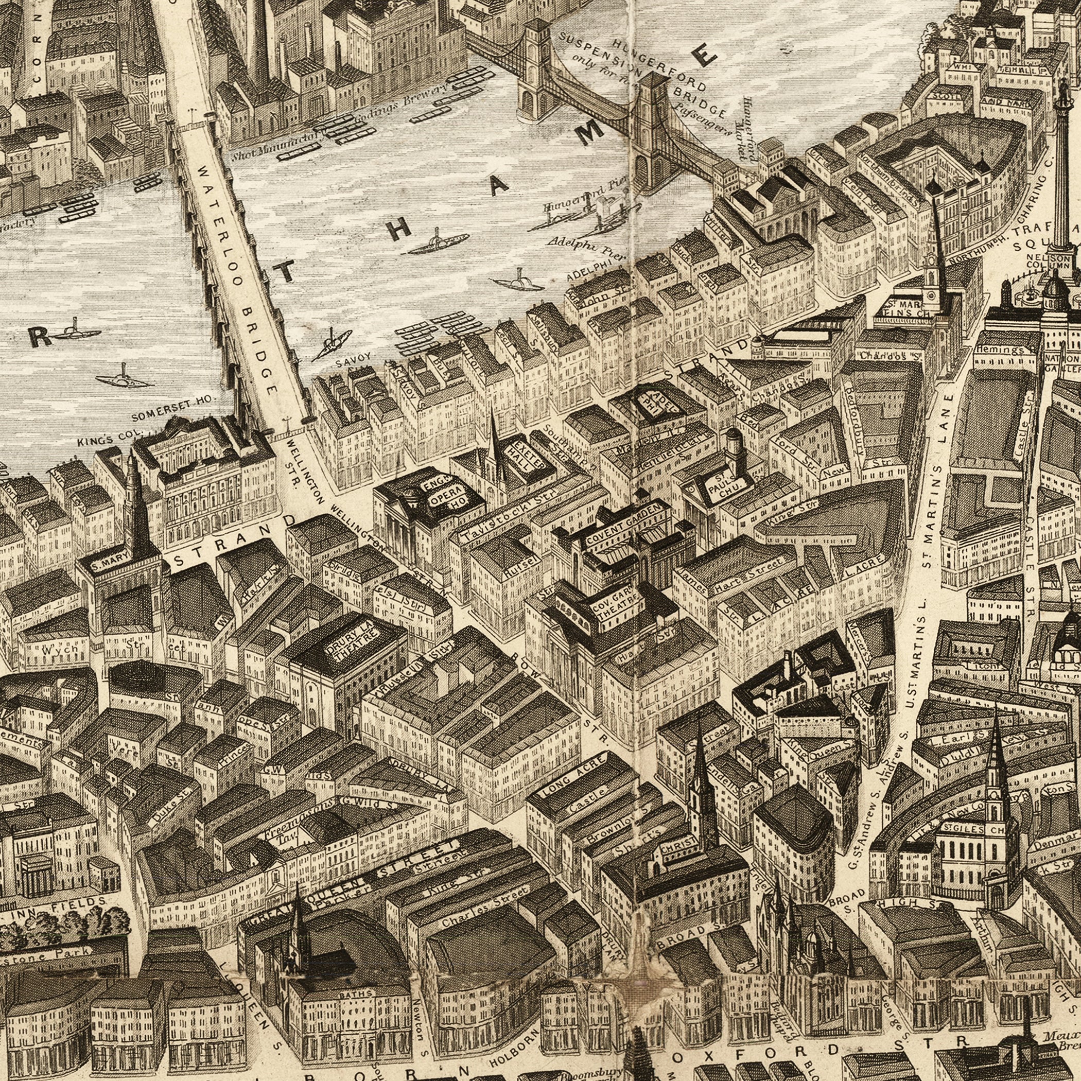This image is a detailed black and white illustration of a cityscape, featuring a river, buildings, and bridges. The city appears to be densely populated, with numerous buildings and structures of varying heights and designs. The river is a prominent feature, with several boats visible on its surface. The image is a collage of multiple smaller images, creating a comprehensive and intricate representation of the city's layout and architecture.