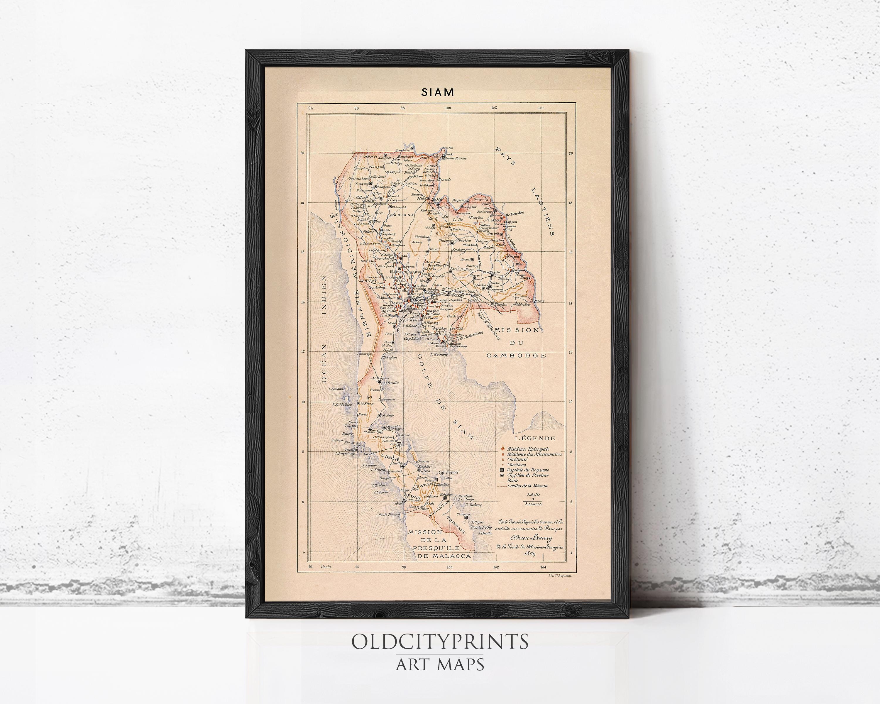 The image is a framed vintage map of Thailand, depicting the country's geographical layout and major cities.