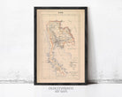 The image is a framed vintage map of Thailand, depicting the country's geographical layout and major cities.