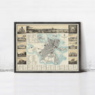 The image is a framed vintage map of a city, featuring various landmarks and buildings depicted in a collage-like arrangement.