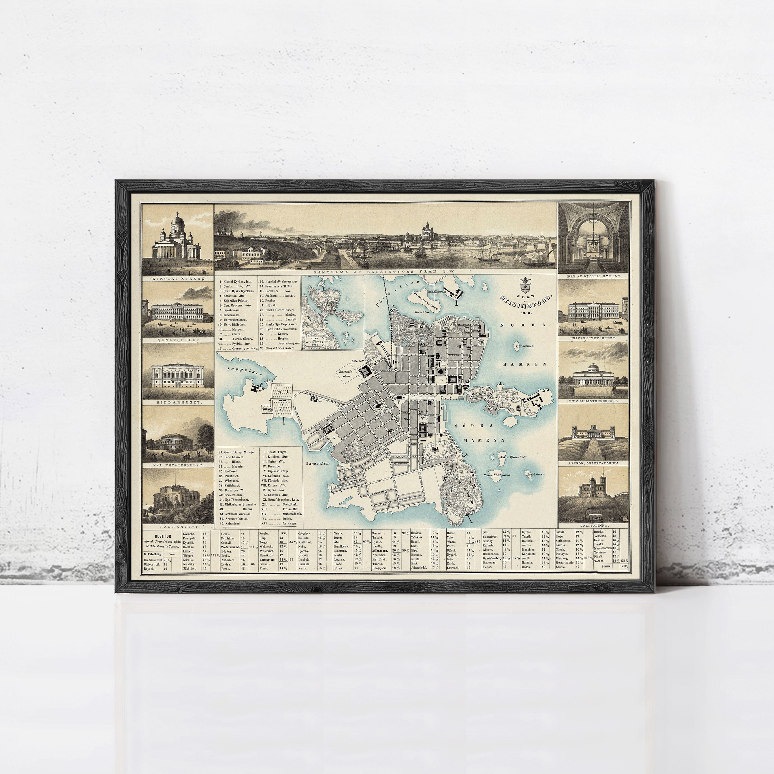 The image is a framed vintage map of a city, featuring various landmarks and buildings depicted in a collage-like arrangement.