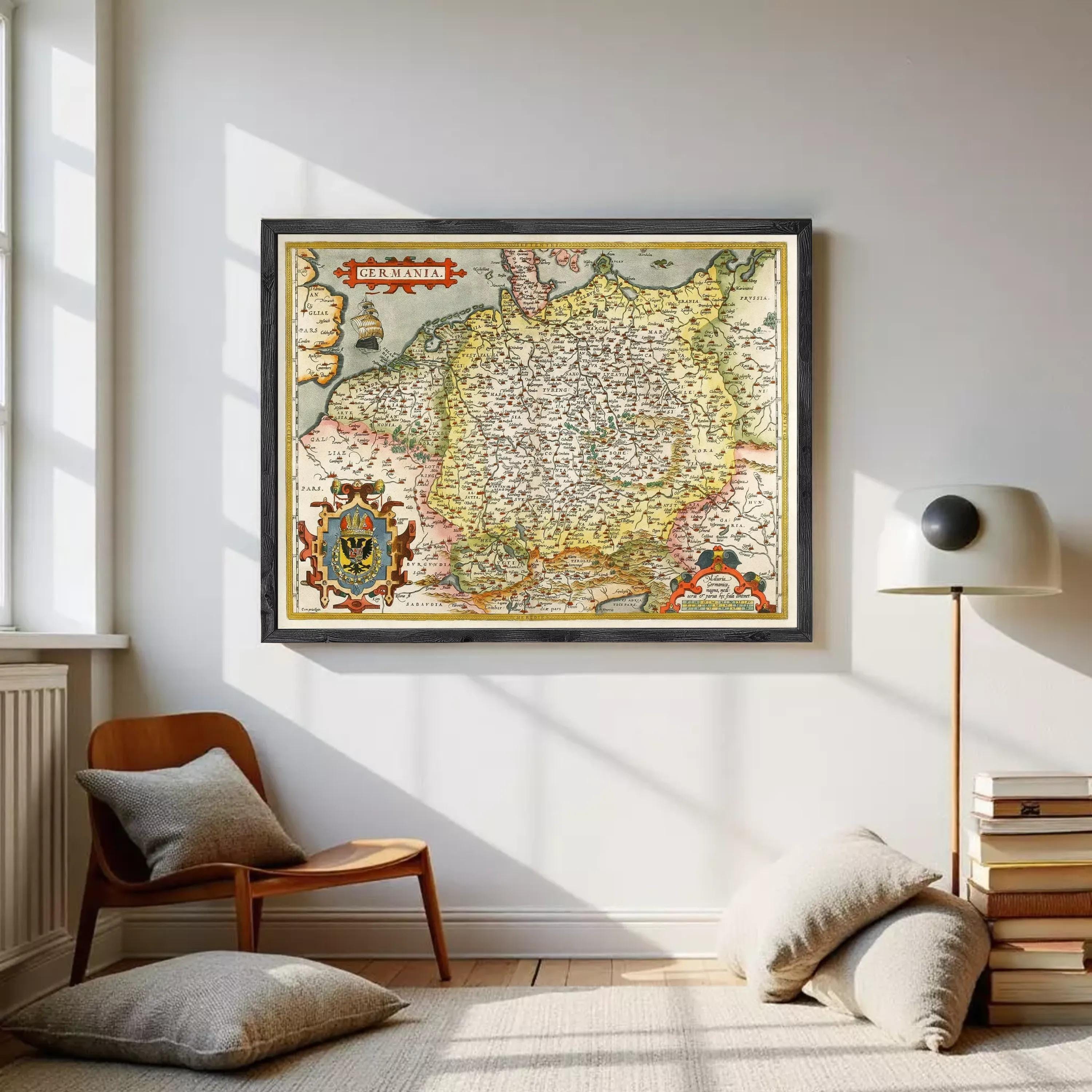 The image is a framed vintage map of Germany, featuring detailed geographical information and a decorative border.