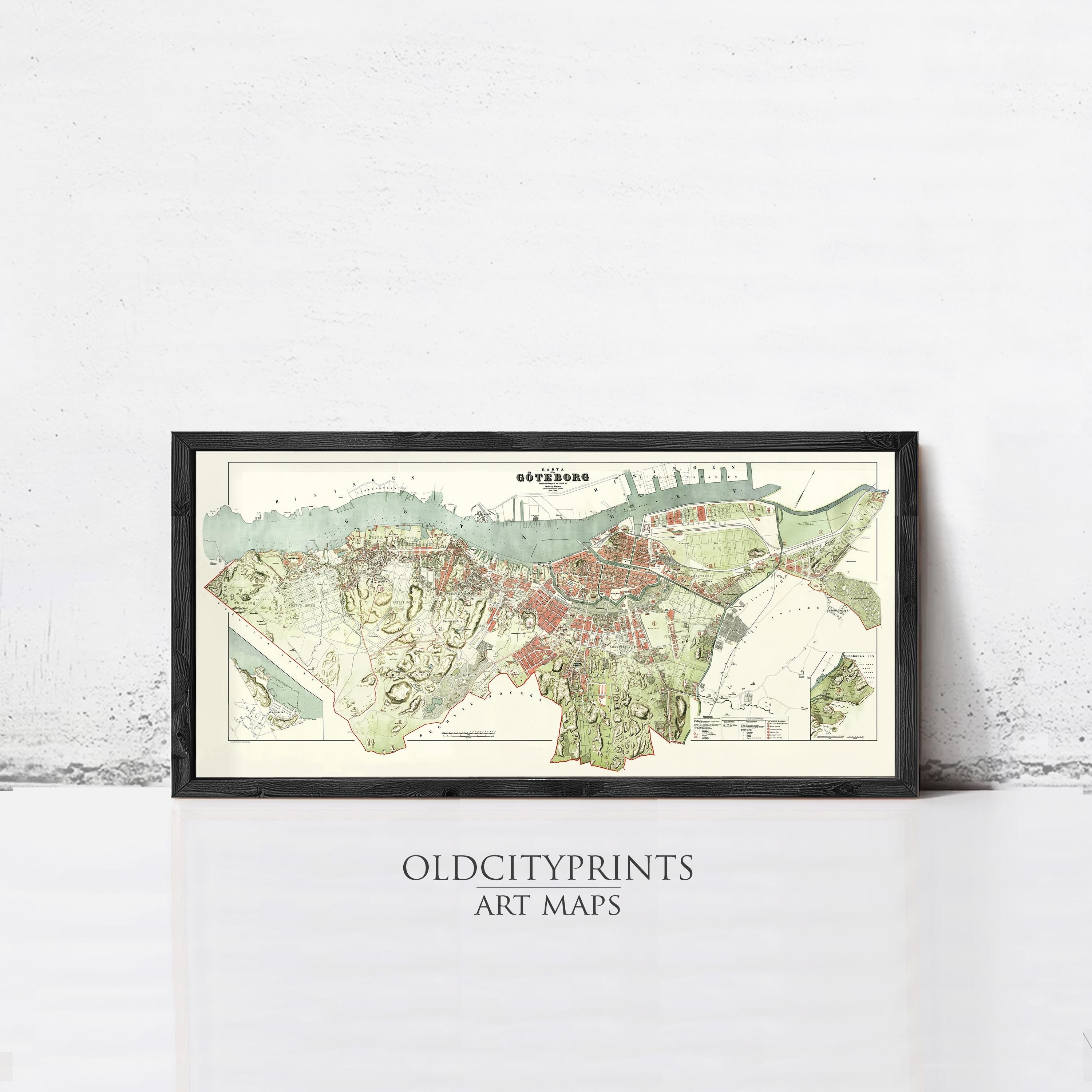 The image is a framed art print depicting a map of an old city, with the text "OldCityprints ART MAPS" printed below it.