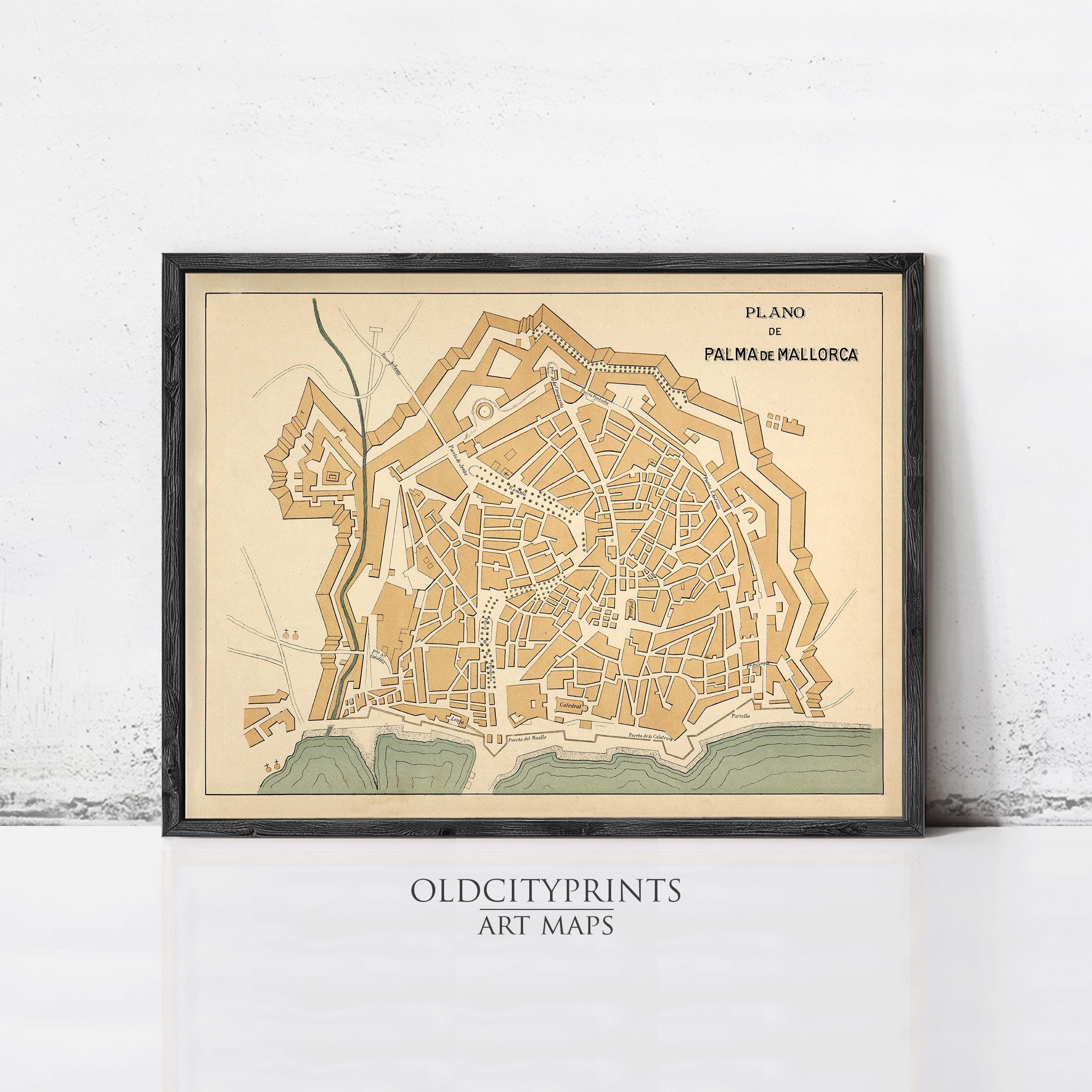 The image is a framed vintage map of Palma de Mallorca, Spain, depicting the city's layout and surrounding areas.