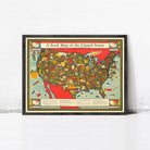 A framed illustration of a colorful map of the United States, depicting various food-related icons and labels.