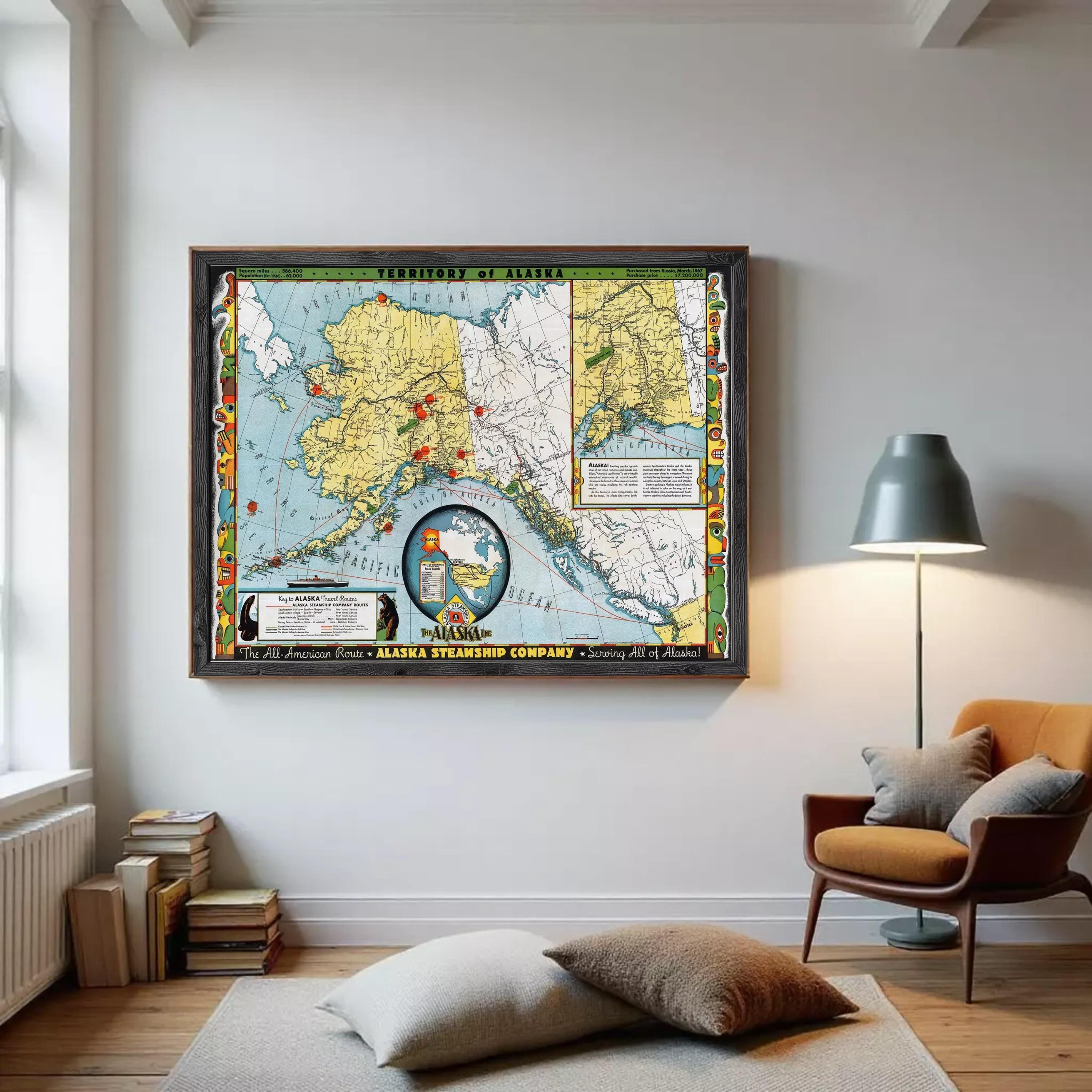 The image is a framed vintage map of Alaska, depicting the territory of Alaska and the Alaska Strait.