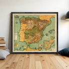 The image is a framed vintage map of Spain, showing the country's geographical layout and surrounding areas.