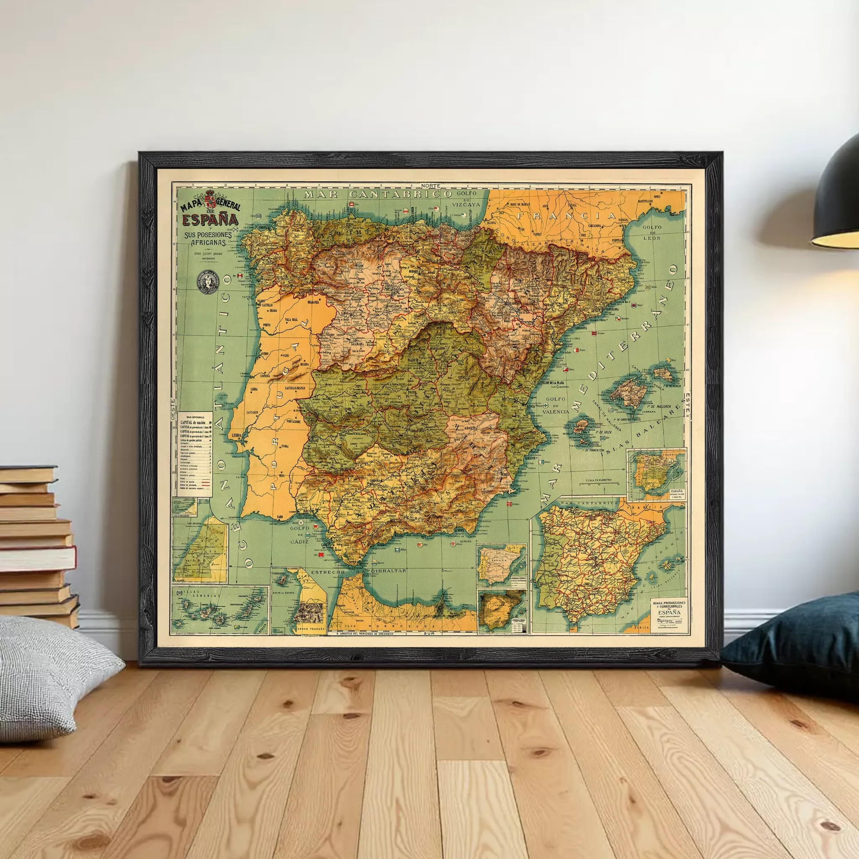 The image is a framed vintage map of Spain, showing the country's geographical layout and surrounding areas.