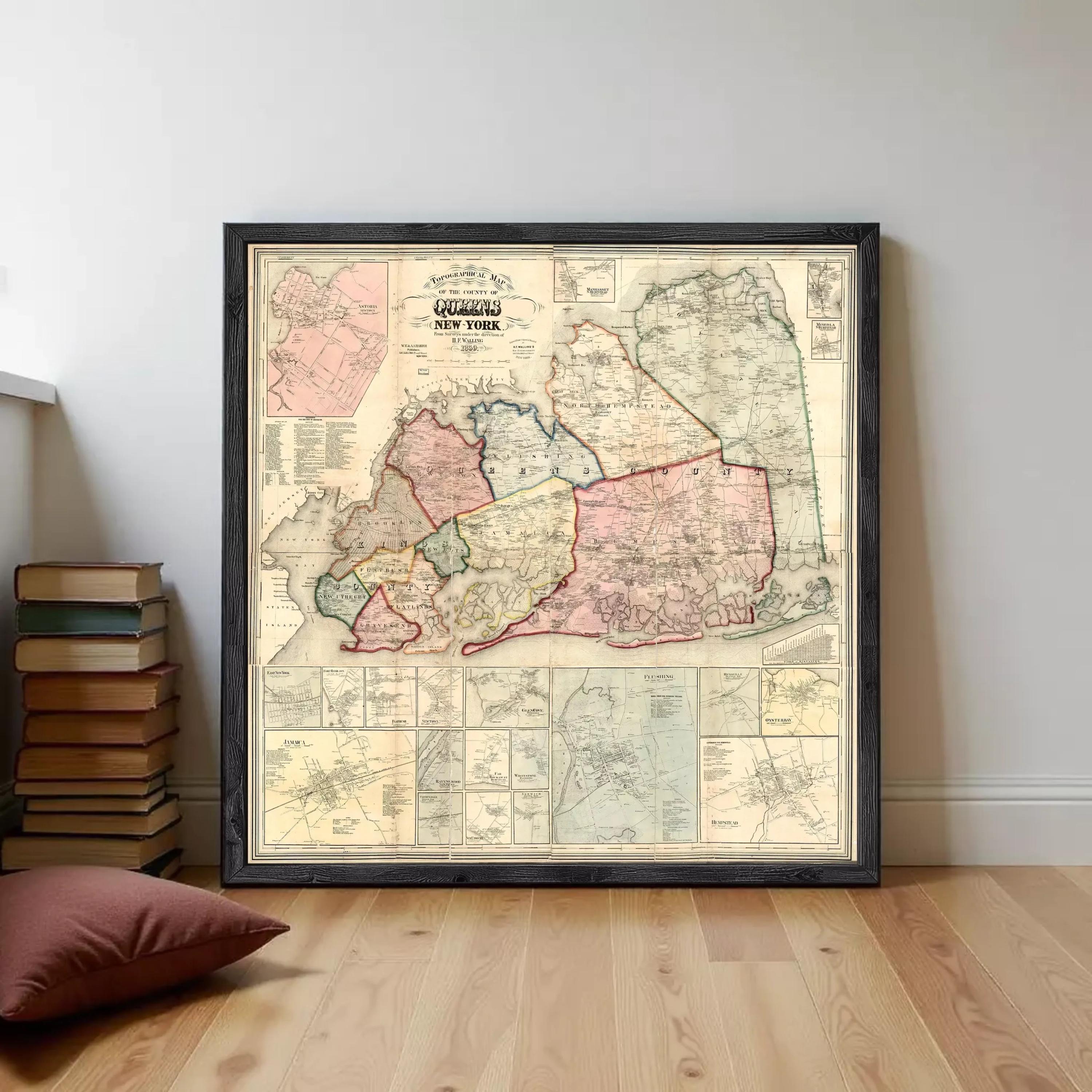 The image is a framed vintage map of New York, depicting the state in a detailed and colorful manner.
