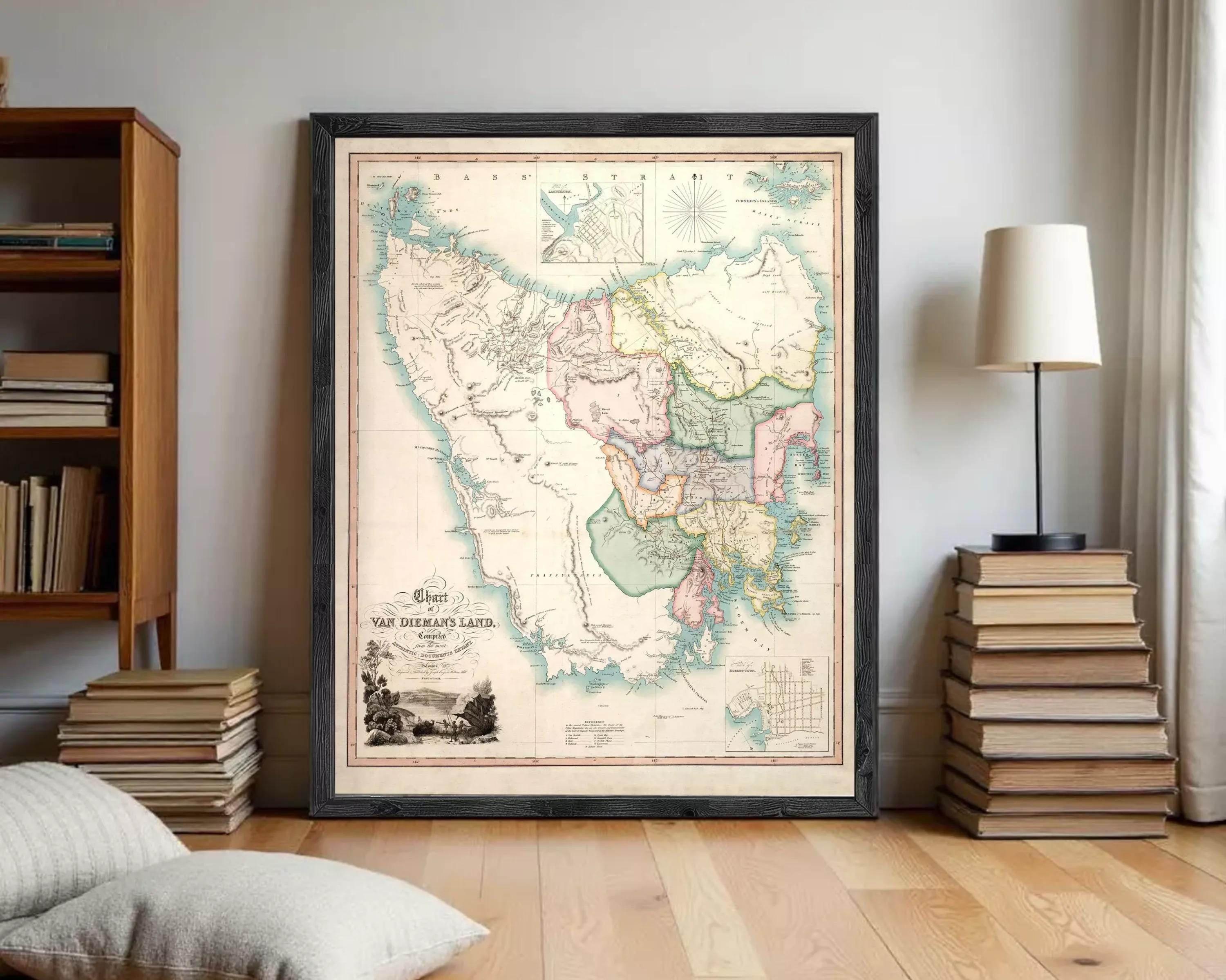 The image is a framed vintage map of the Van Dien's Land, depicting the region in a detailed and colorful manner.