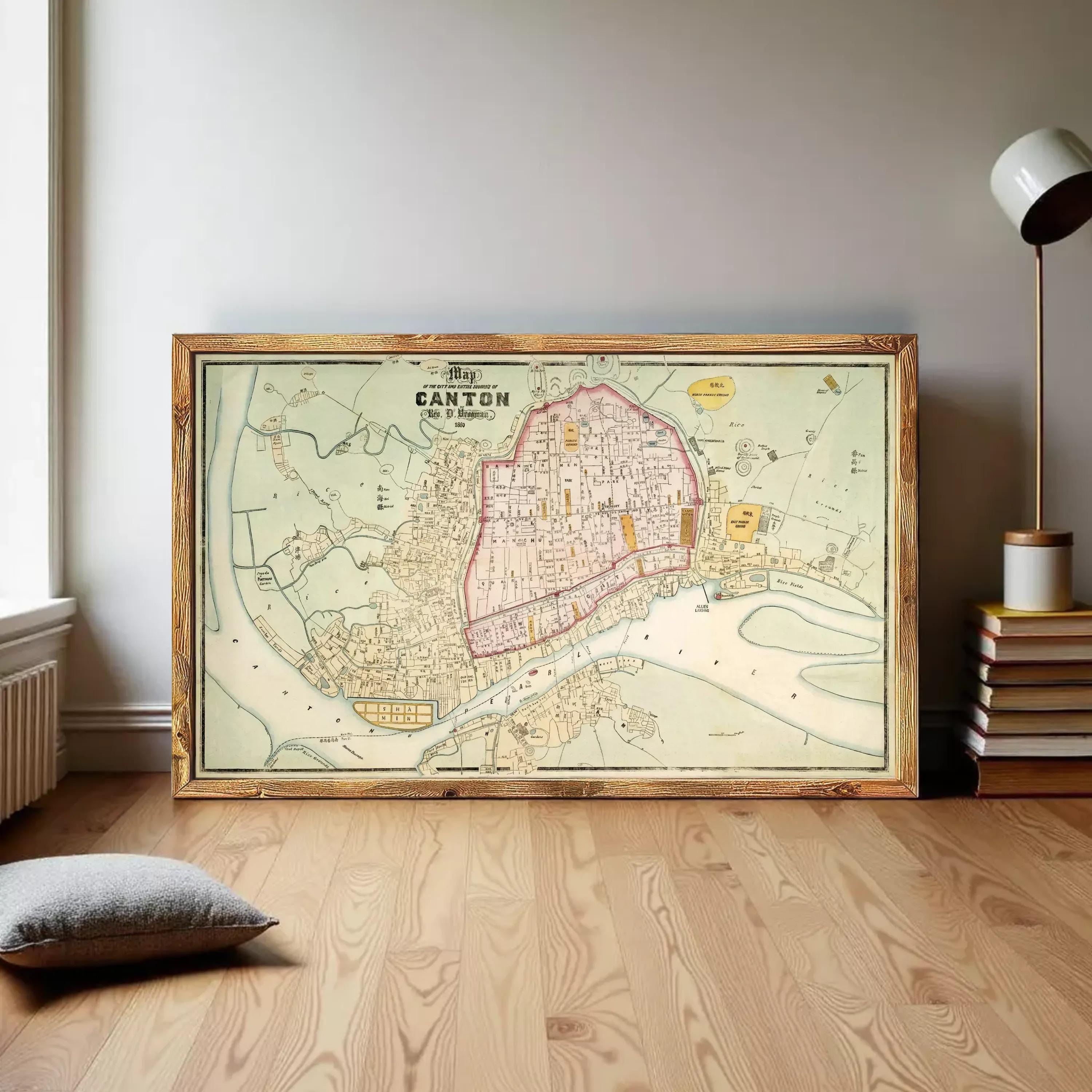 The image is a framed vintage map of Canton, depicting the city of Canton in a detailed and intricate manner.