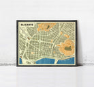 The image is a framed map of the city of Alicante, Spain.